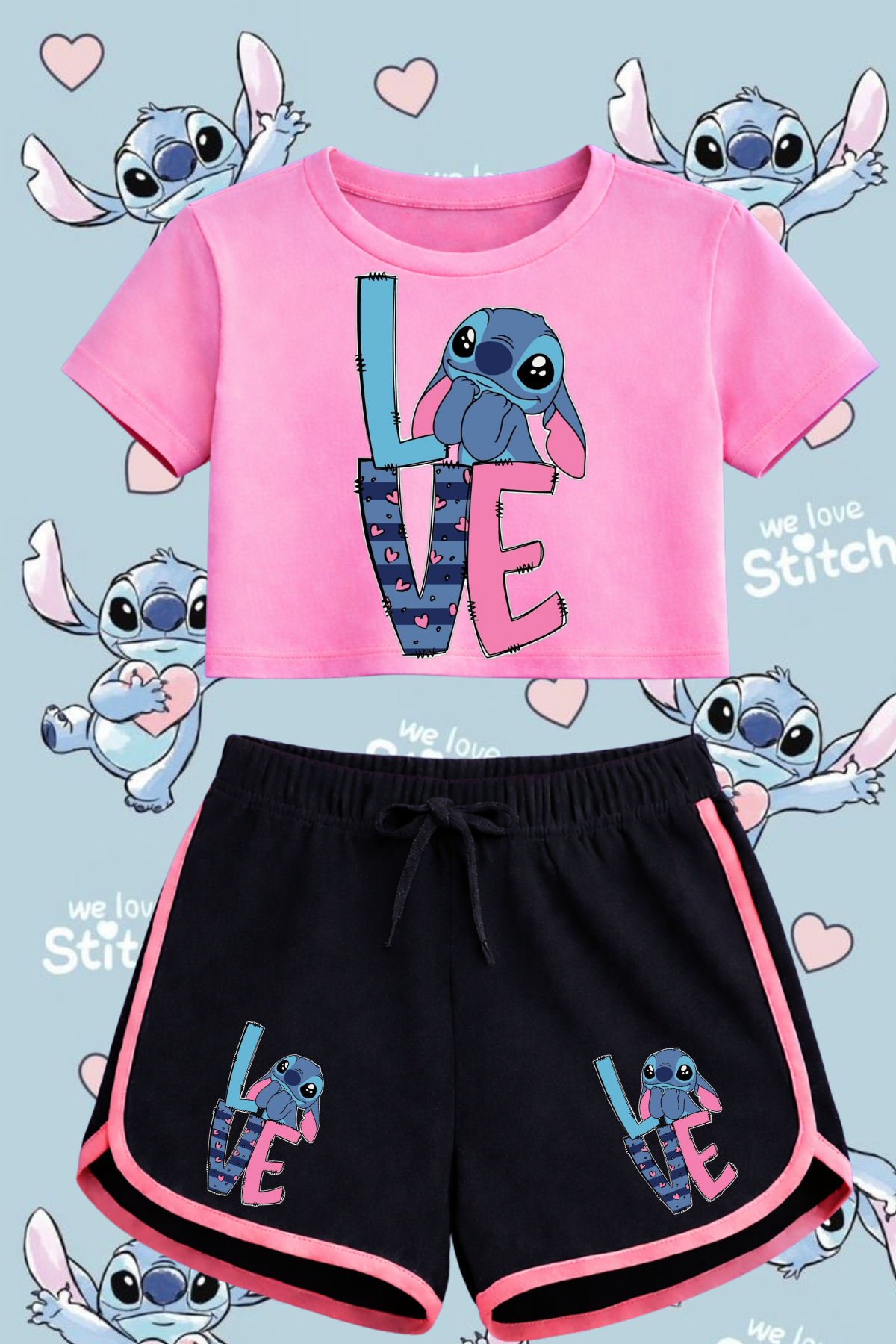 Sttich 3 Baskılı Pembe Crop Siyah Şort Takım