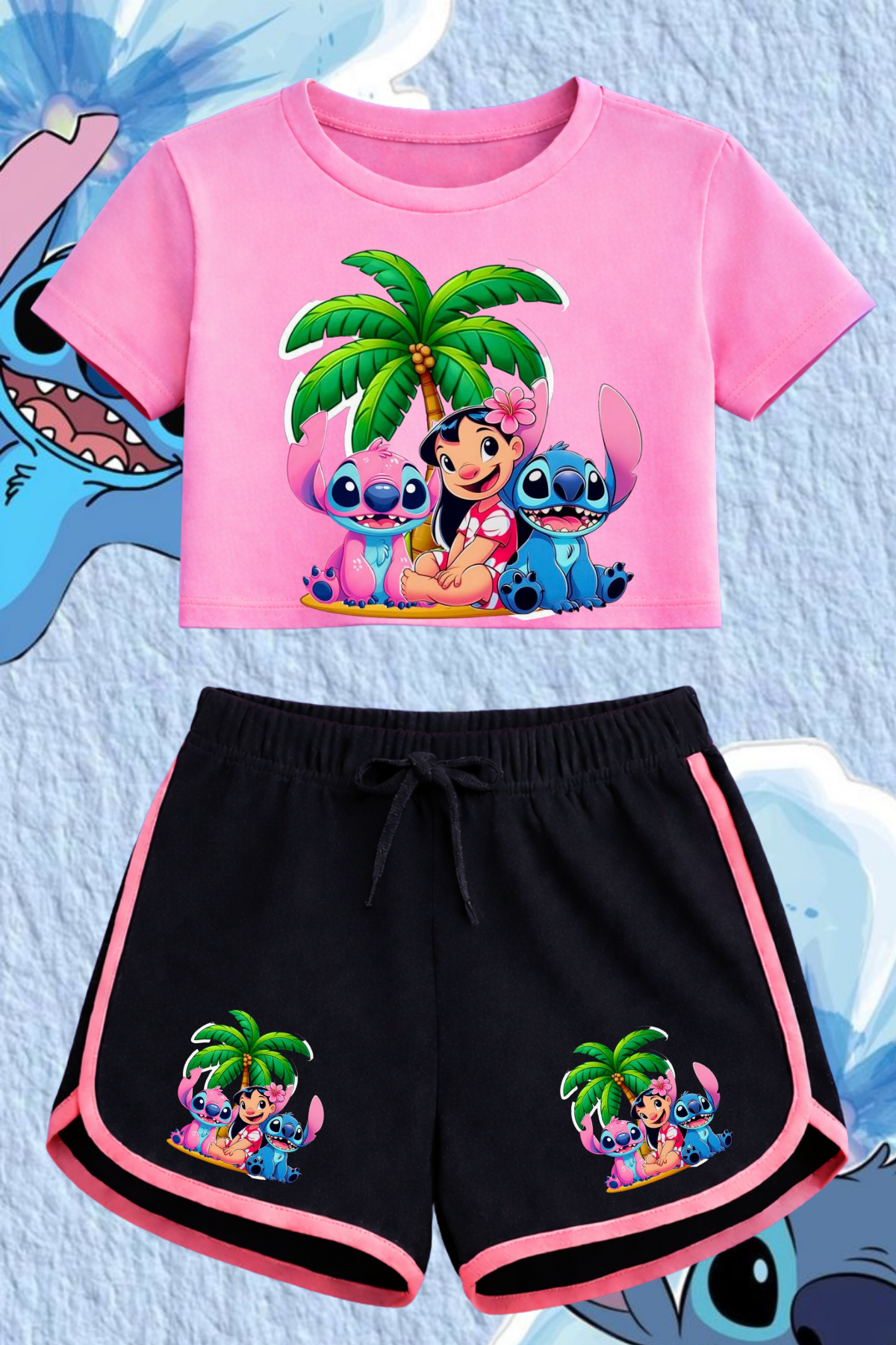 Sttich 5 Baskılı Pembe Crop Siyah Şort Takım