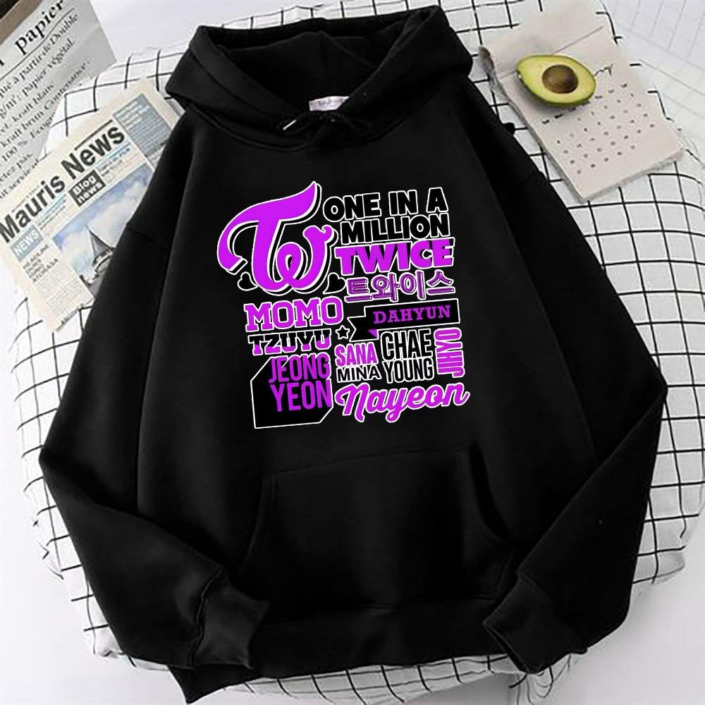 Twice One Million Mor  Baskılı Siyah Oversize Sweatshirt Kapüşonlu Hoodie