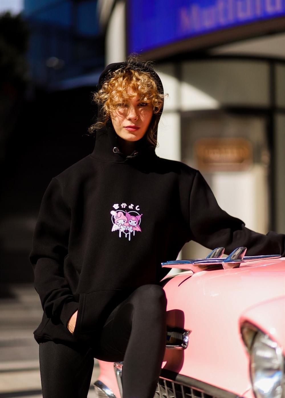 Unisex Oversize Siyah My Melody&Kuromi Baskılı Kapüşonlu Sweatshirt Kanguru Cepli Polarlı