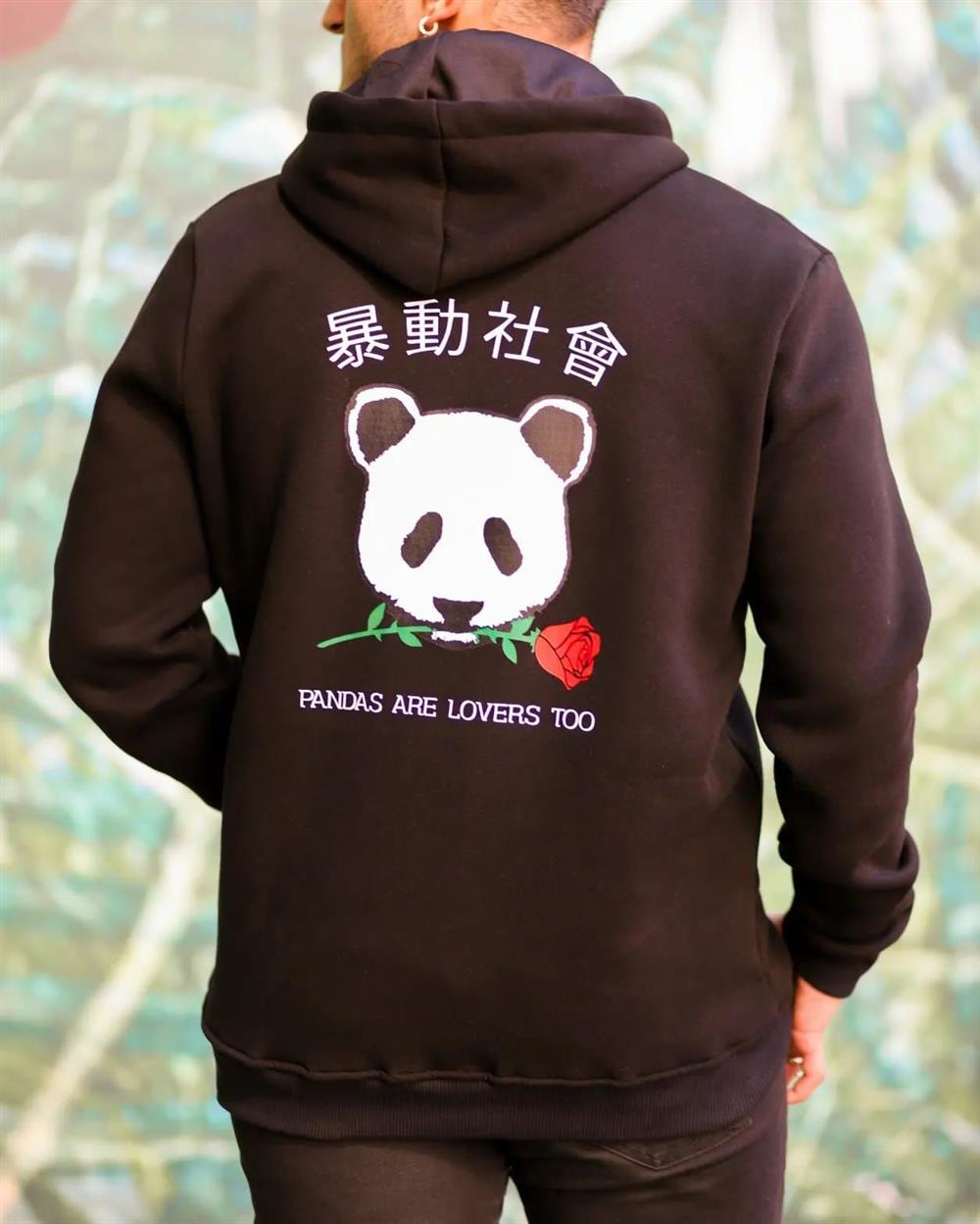 Unisex Oversize Siyah Panda Baskılı Kapüşonlu Sweatshirt Kanguru Cepli 3 iplik Şardonlu Polarlı