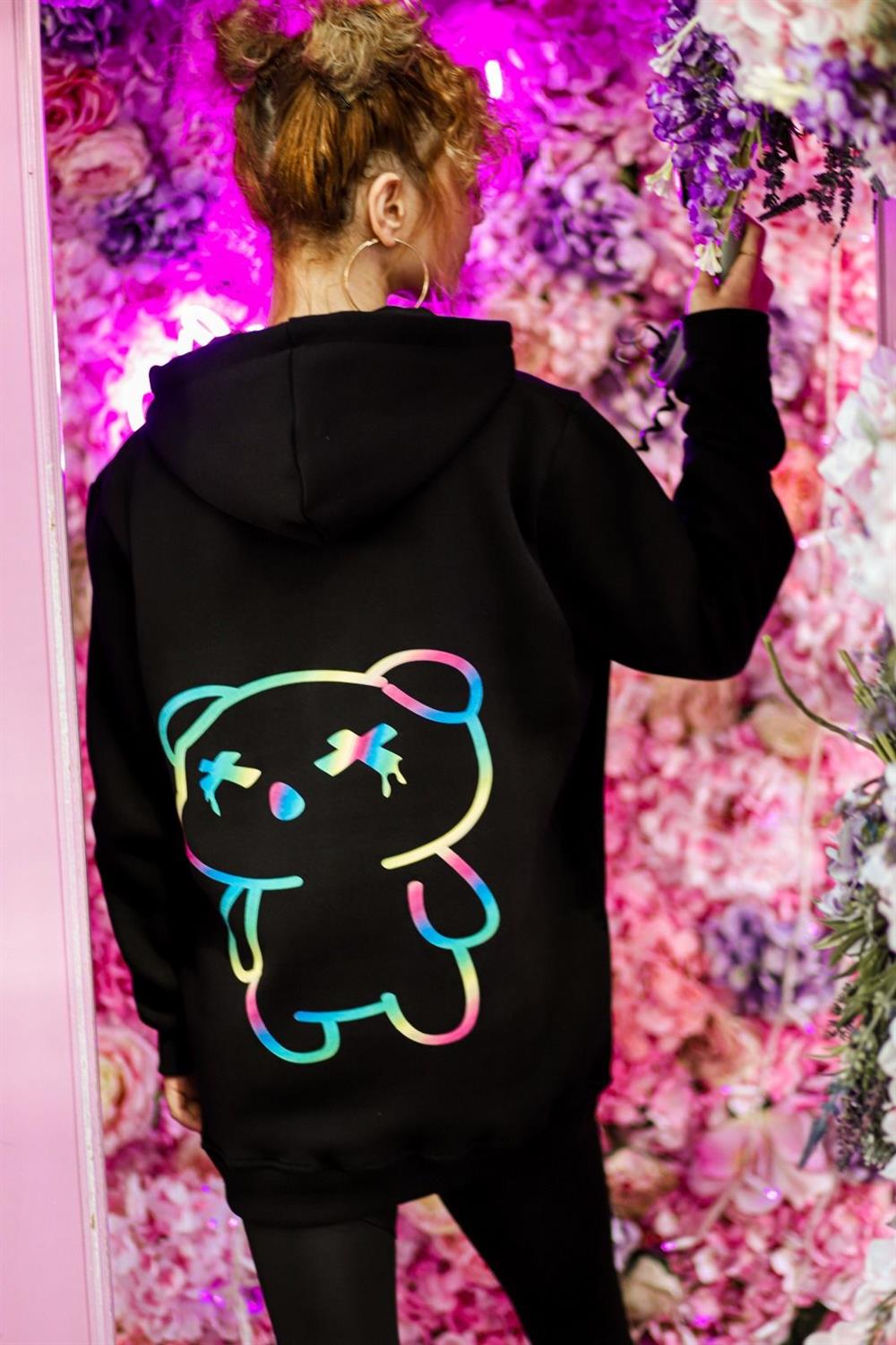 Unisex Siyah Baskılı Kapüşonlu  Sweatshirt Oversize Neon Ayıcık Baskılı Siyah Kapüşonlu Sweatshirt
