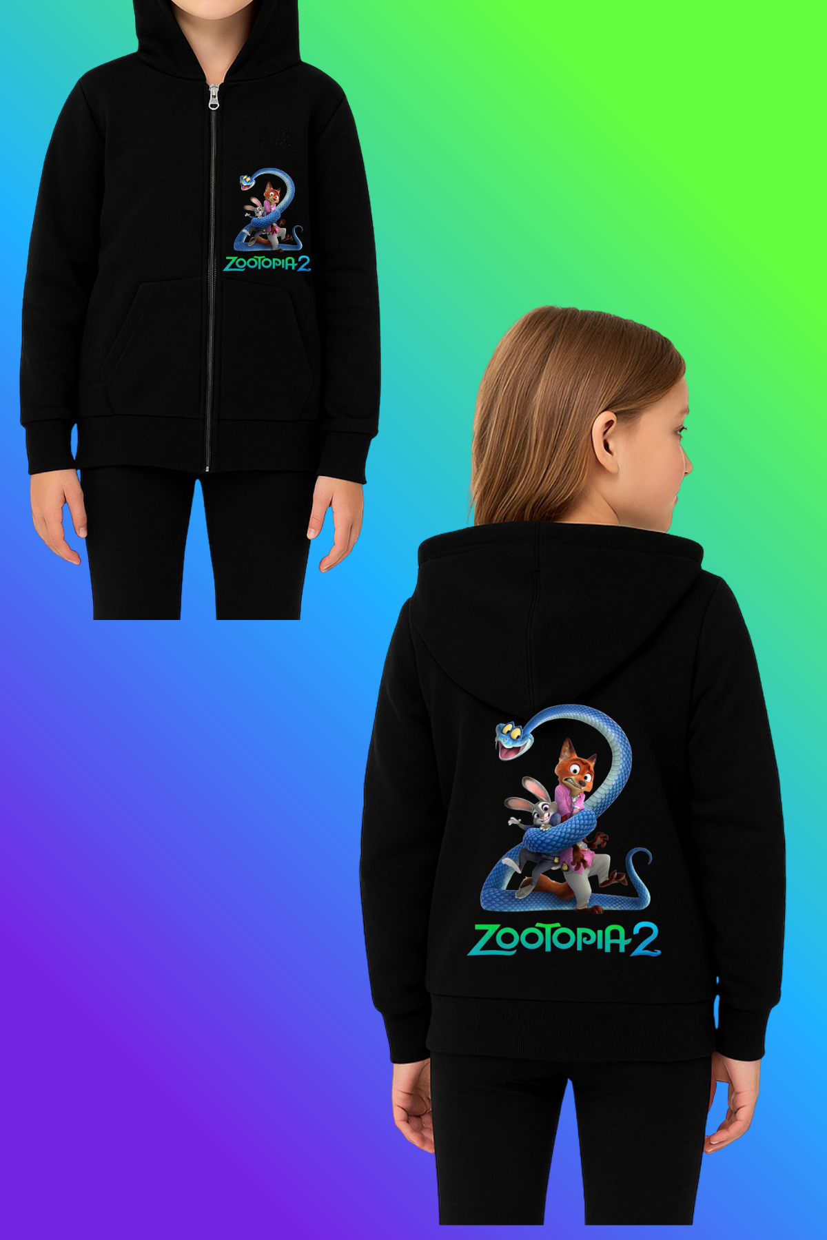 Zootopia 2 Baskılı Siyah Fermuarlı Hırka Sweatshirt 