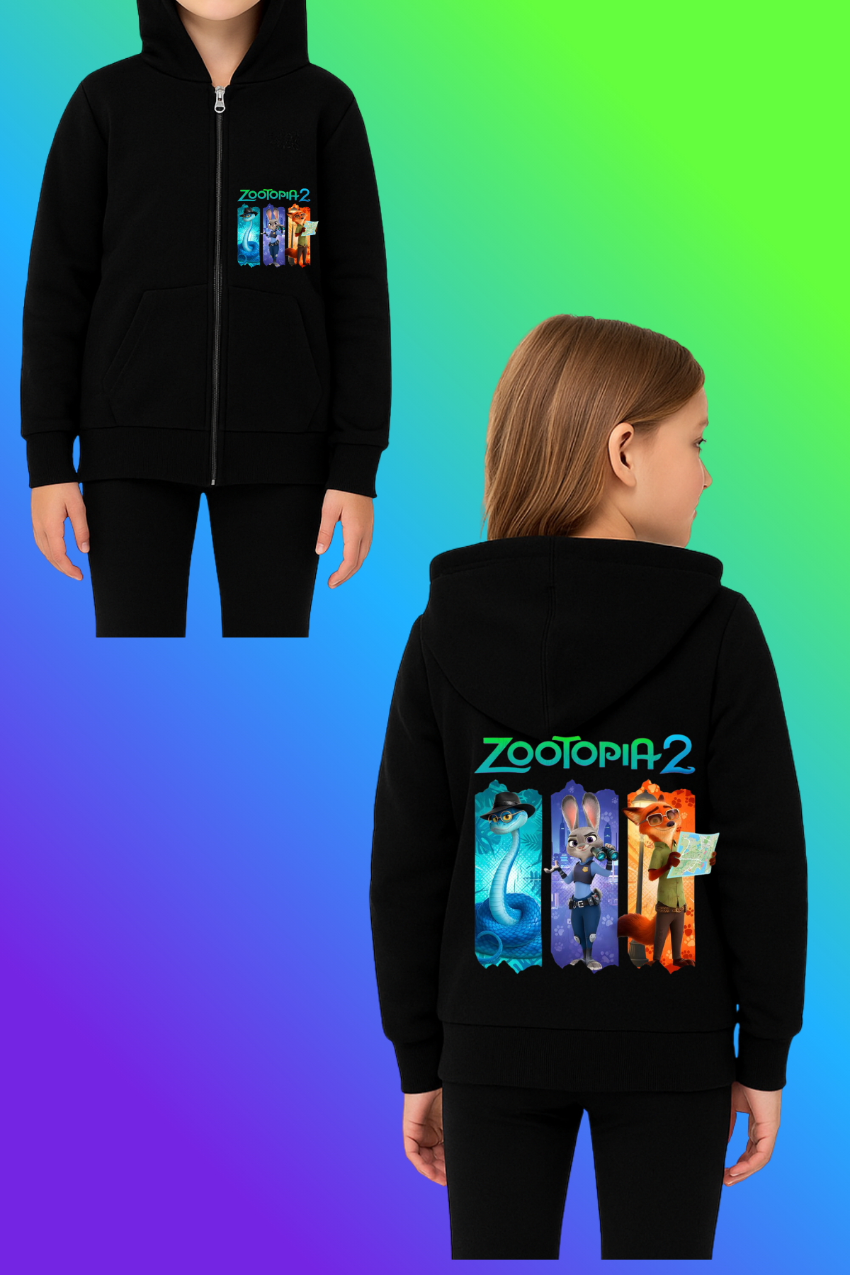 Zootopia 3lü Baskılı Siyah Fermuarlı Hırka Sweatshirt 