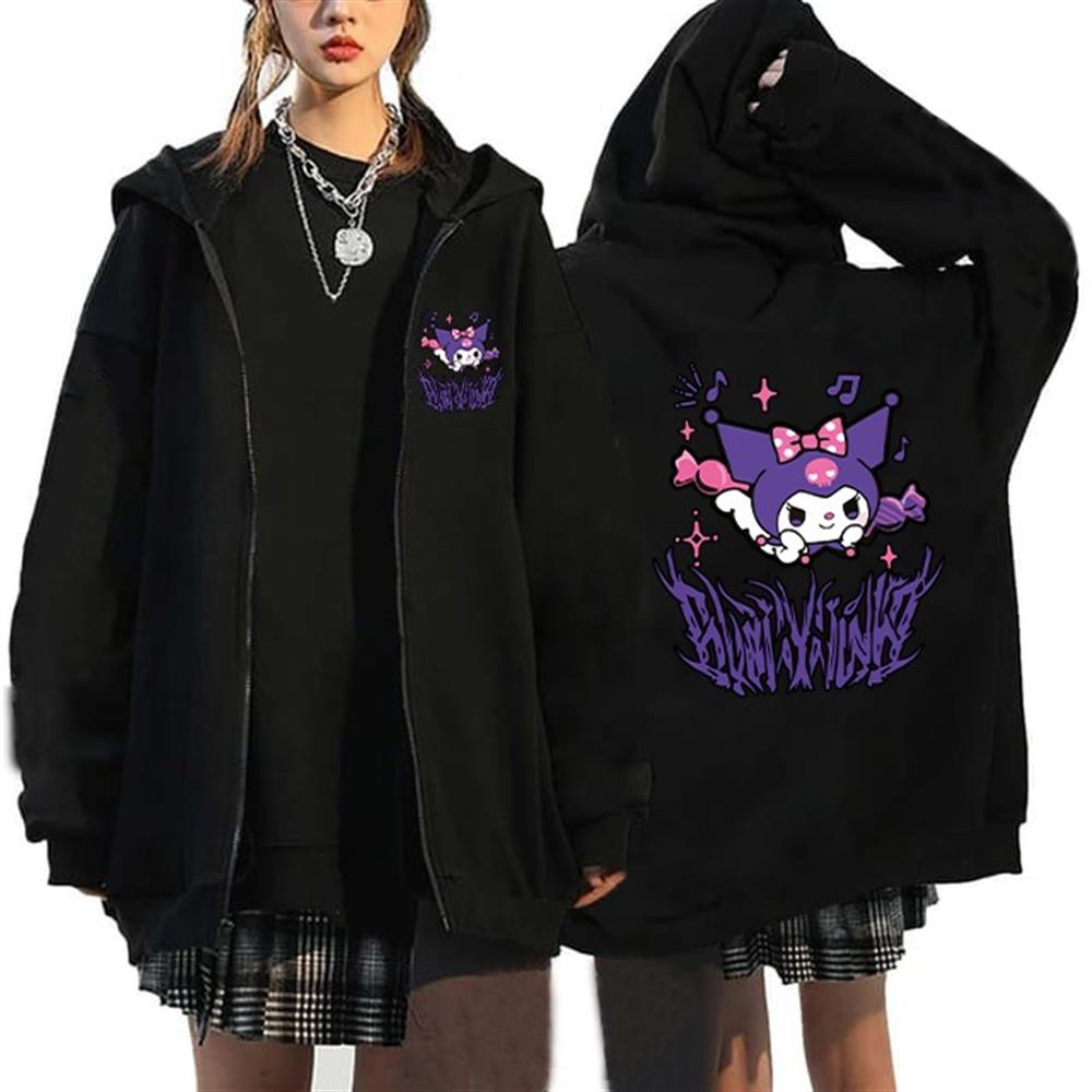 Kuromi Saçaklı Siyah Kapüşonlu Fermuarlı Hırka Sweatshirt