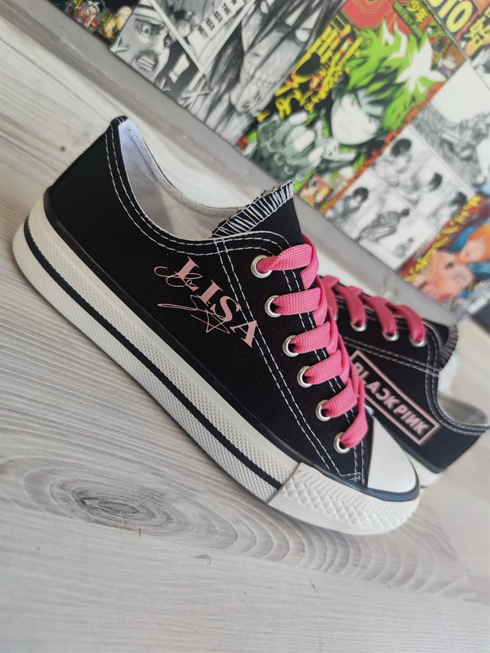 Lisa Ve Blackpink Baskılı Siyah Kısa Spor Ayakkabı Sneaker
