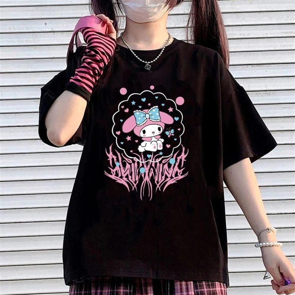 My Melody Saçaklı Pembe Baskılı Siyah T-shirt