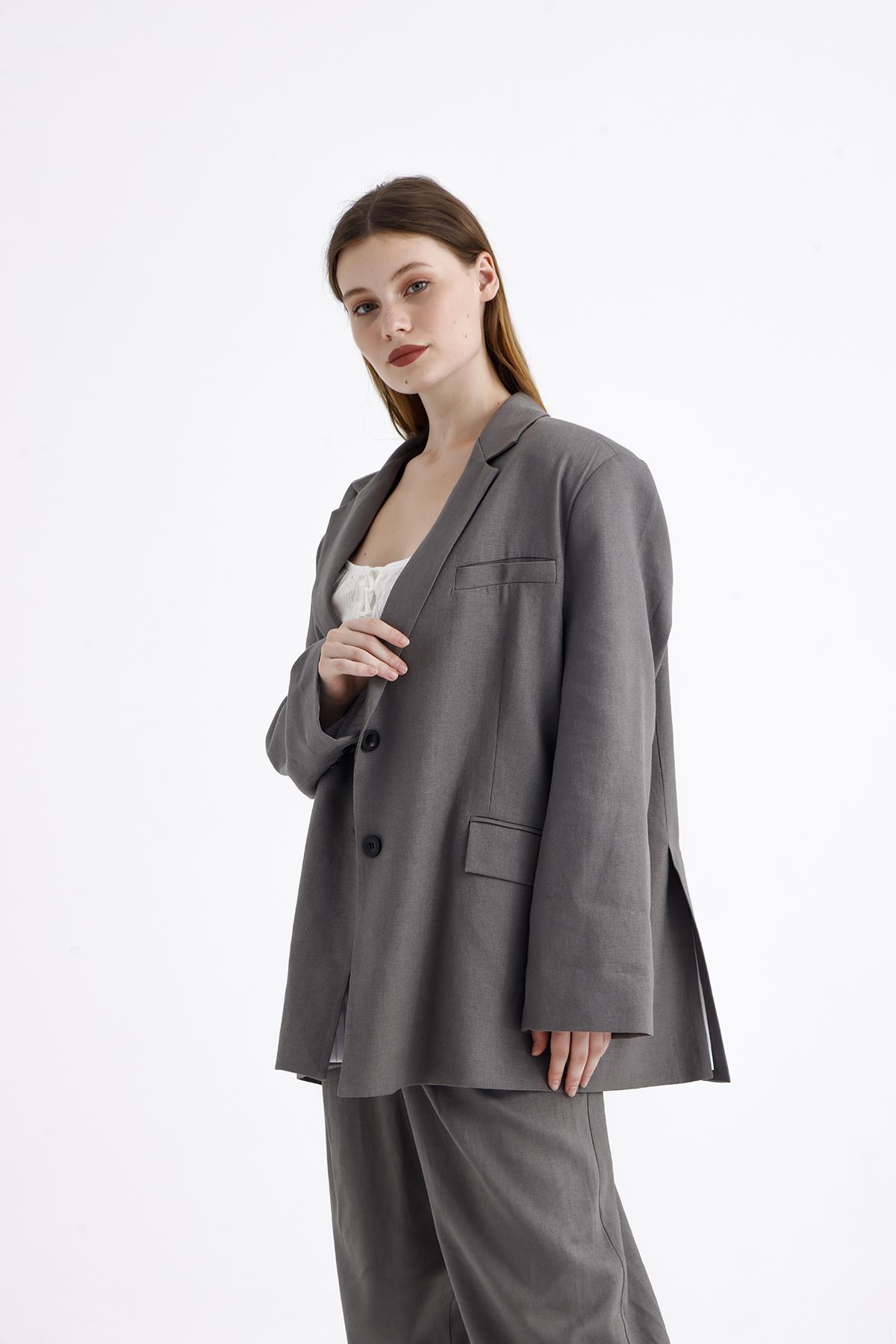Keten Karışımlı Çift Düğmeli Yırtmaçlı Astarlı Oversize Ceket