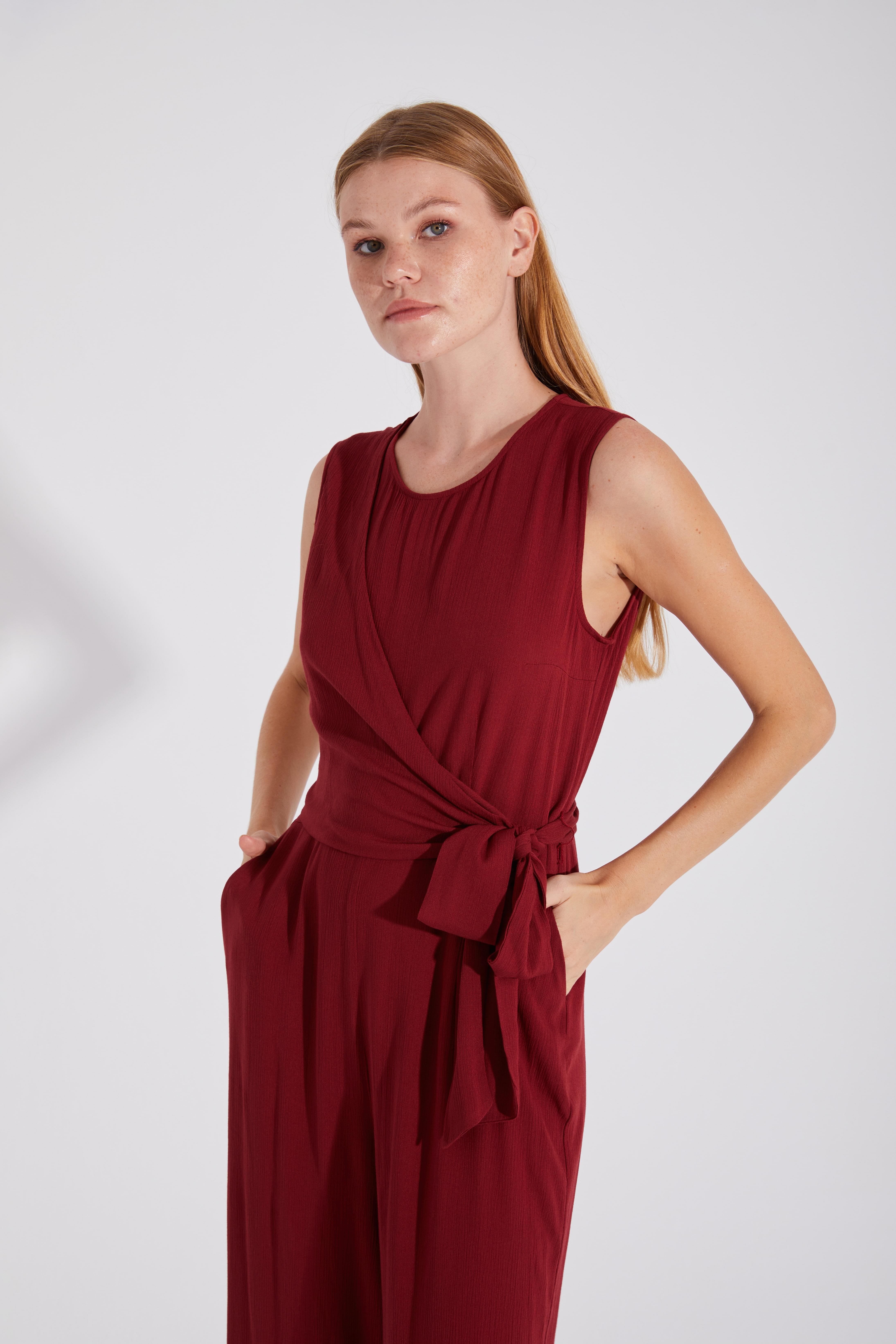 Sırtı Fermuarlı Beli Kruvaze Bağcıklı Bol Paça Tulum