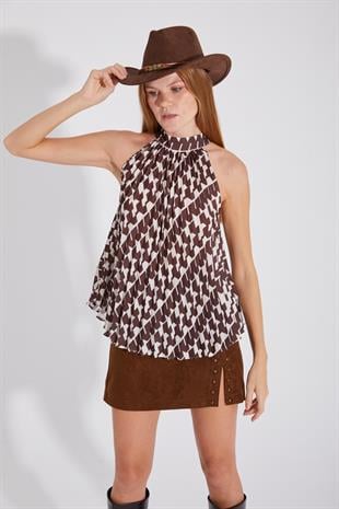 Halter Yaka Bağcık Kapamalı Desenli Bluz