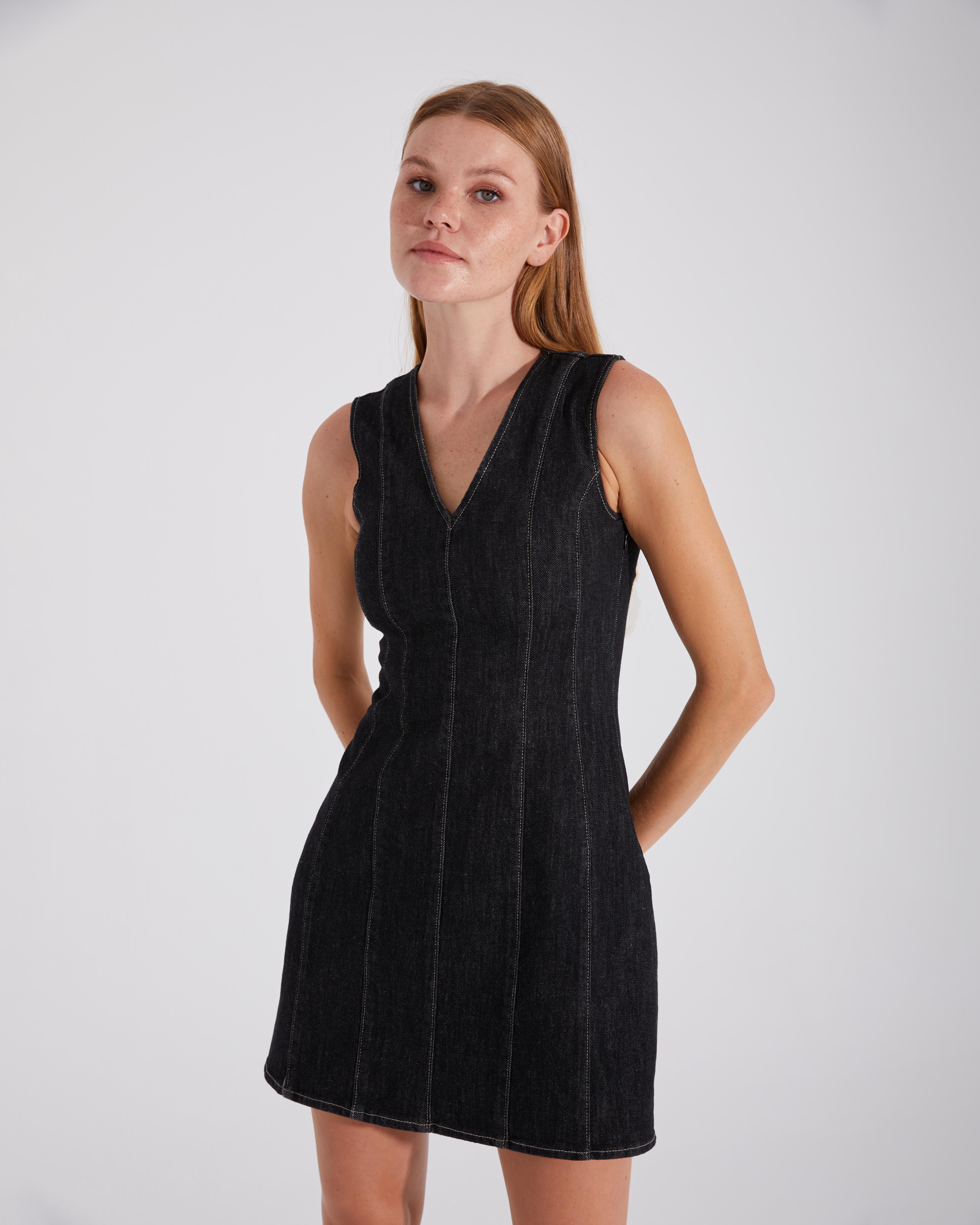 %100 Pamuk V Yaka Mini Denim Kot Elbise