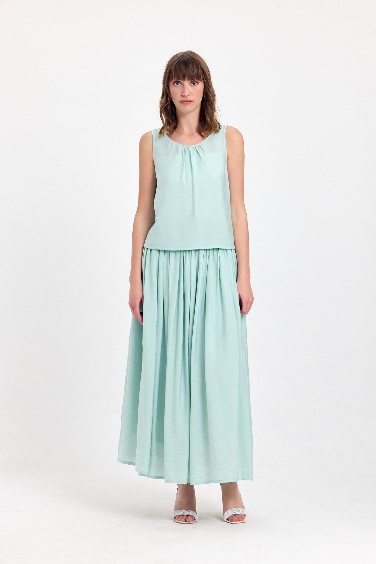 Beli Lastikli Maxi Boy Astarlı Etek - Önü Büzgülü Sıfır Kol Bluz Takım