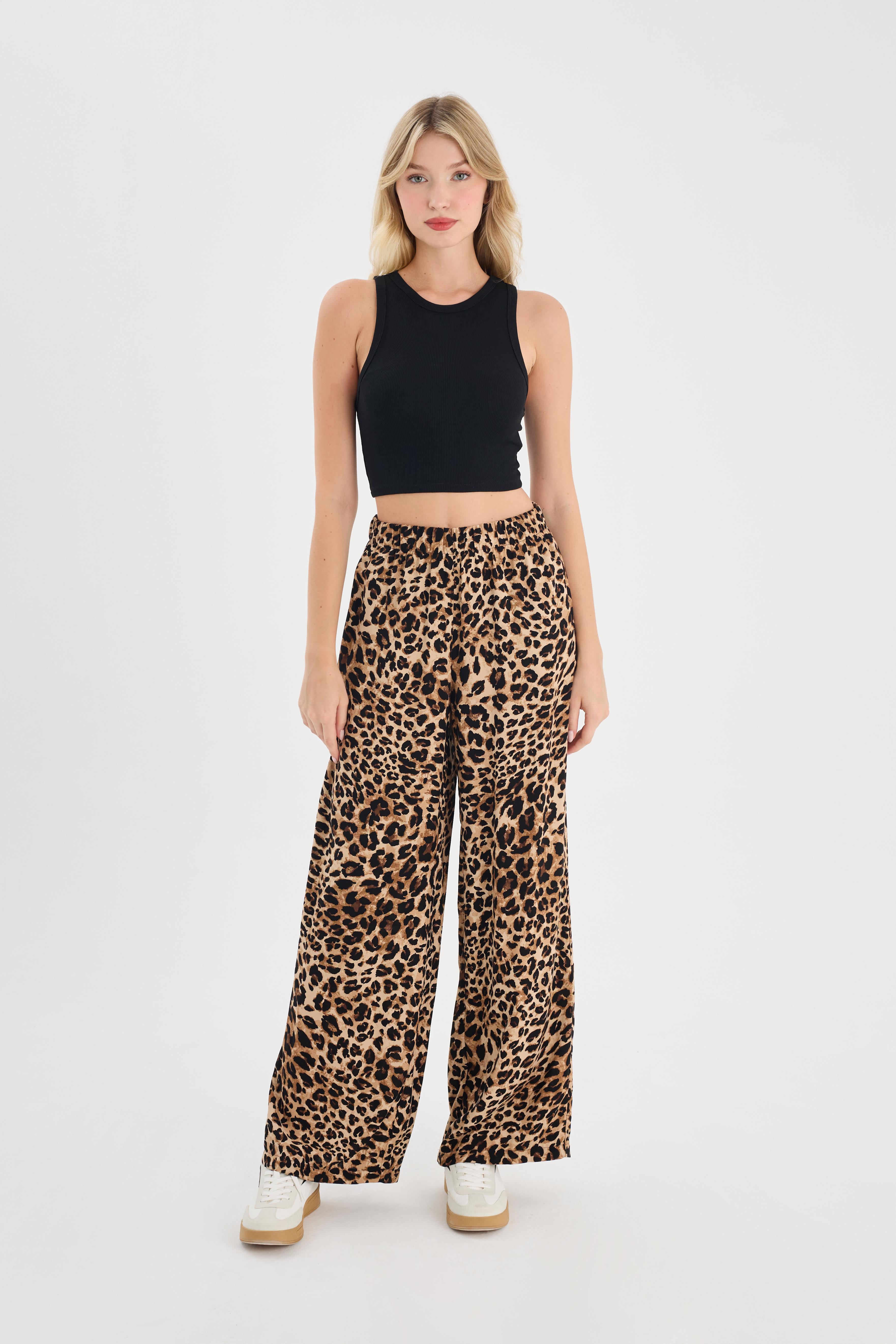 Beli Lastikli Rahat Kesim Bol Paça Leopar Desenli Pantolon
