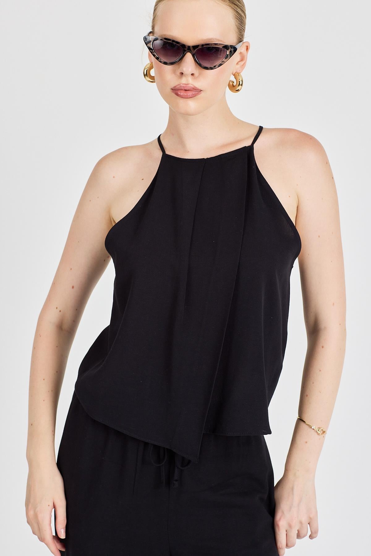 Keten Karışımlı Önü Anvelop İnce Askılı Bluz