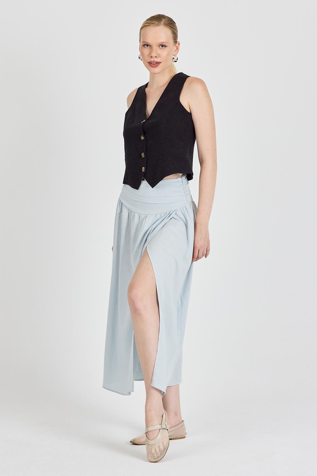 Keten Karışımlı Rüstik Kumaşlı Beli Büzgülü Derin Yırtmaçlı Uzun Etek(İÇ GÖSTERMEZ)