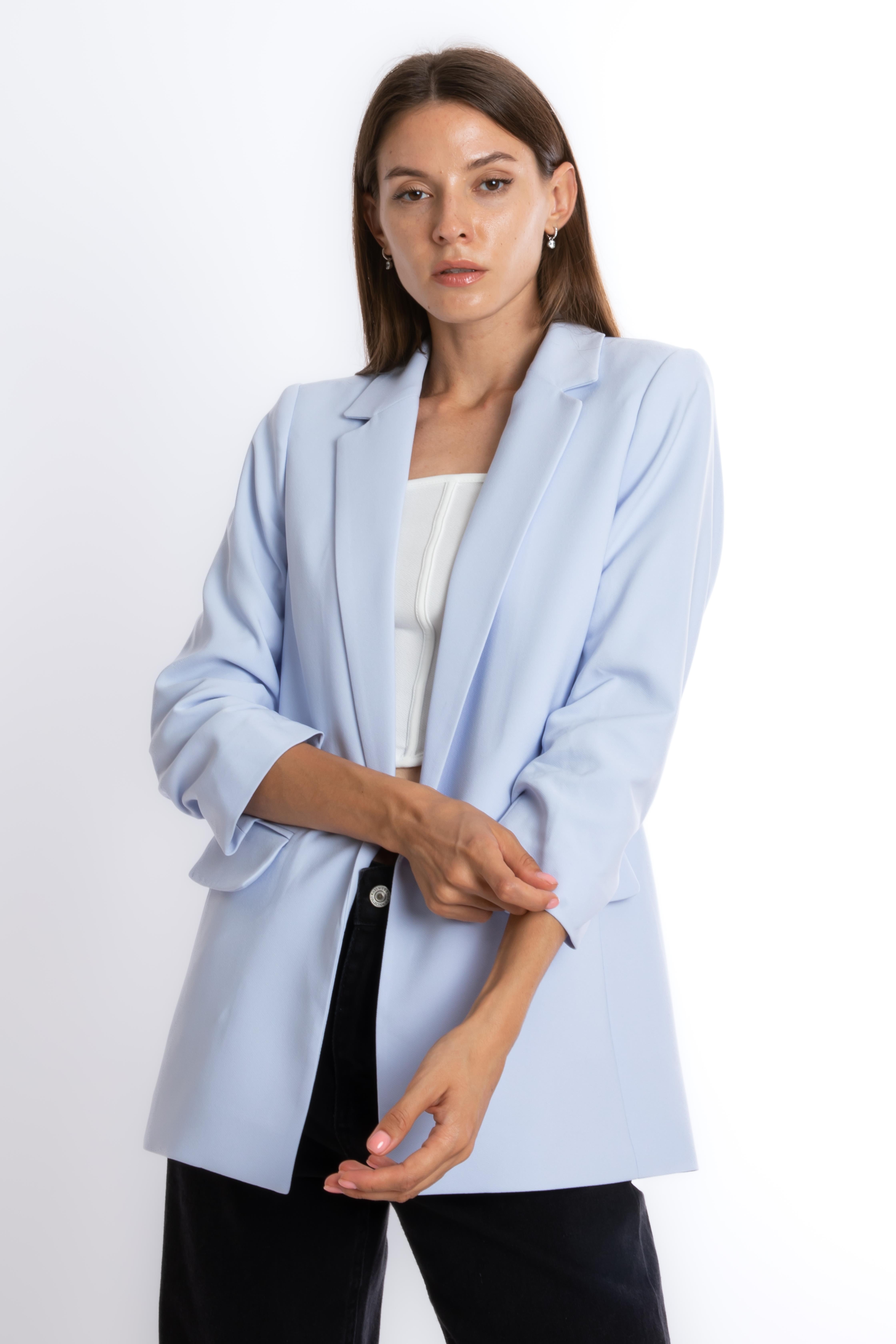 Kolu Büzgü Detaylı Vatkalı Katlı Yaka Önü Açık Casual Blazer