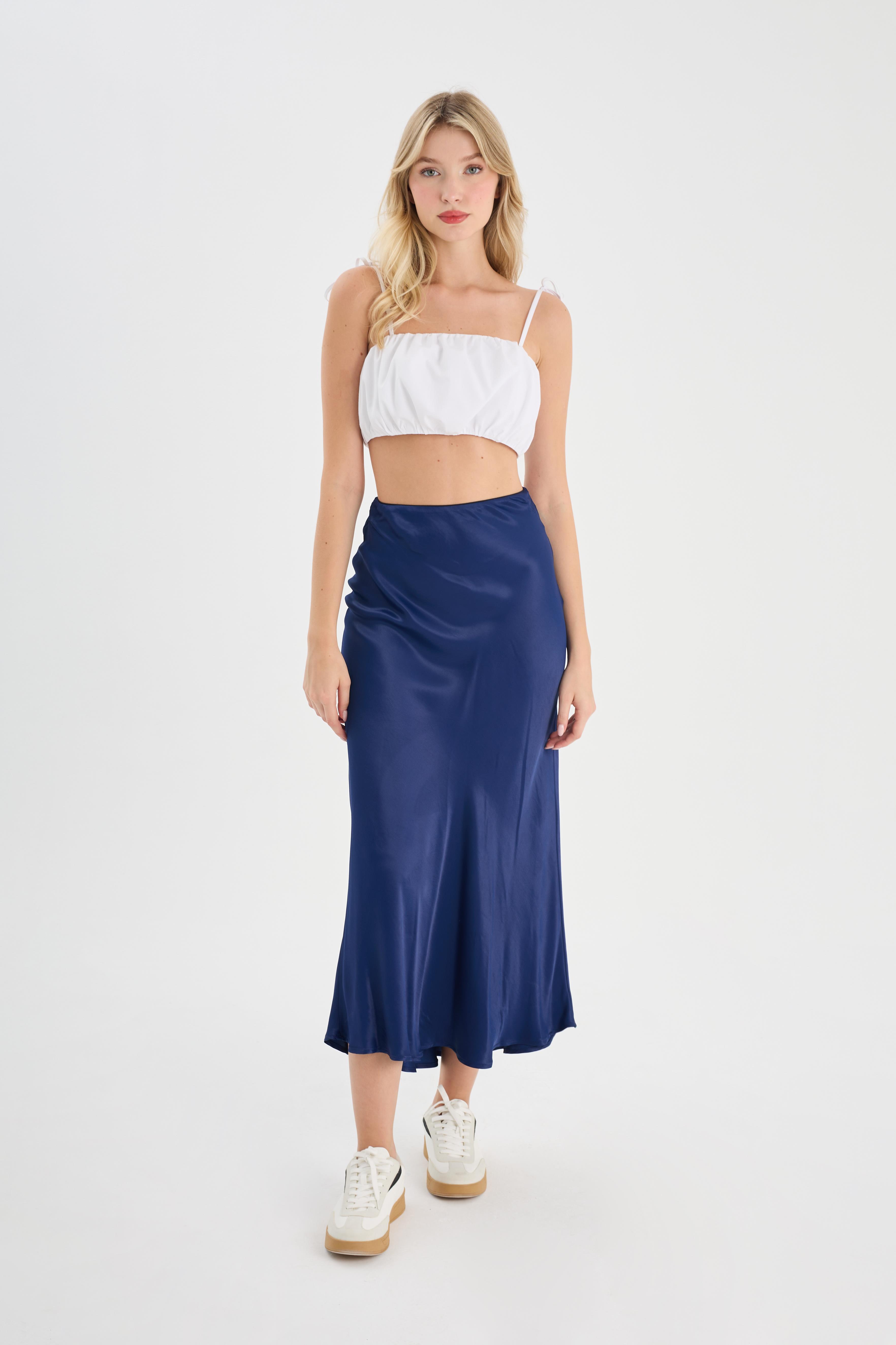 Saten Beli Lastikli Midi Boy Etek