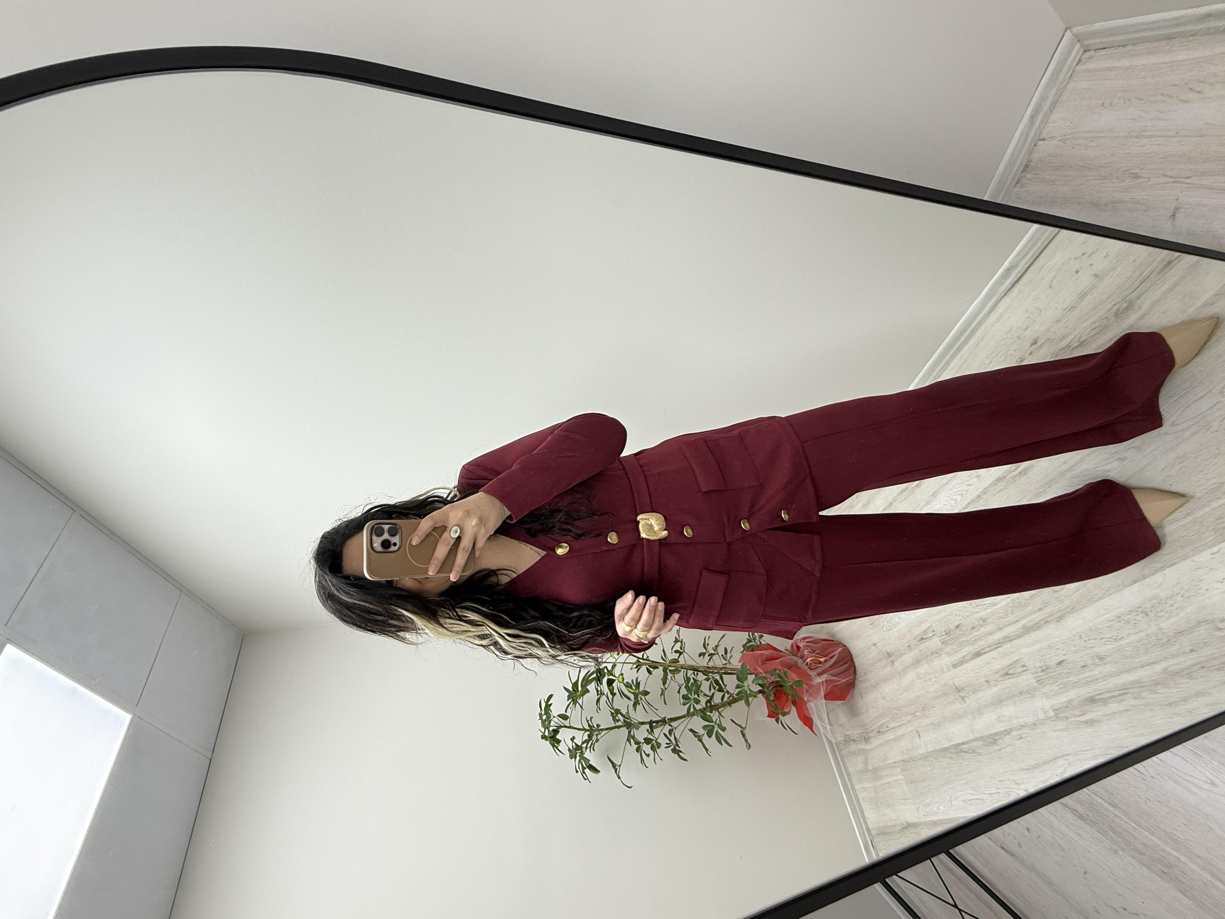 Bordo Gold Düğme Detaylı Modal Kumaş Takım