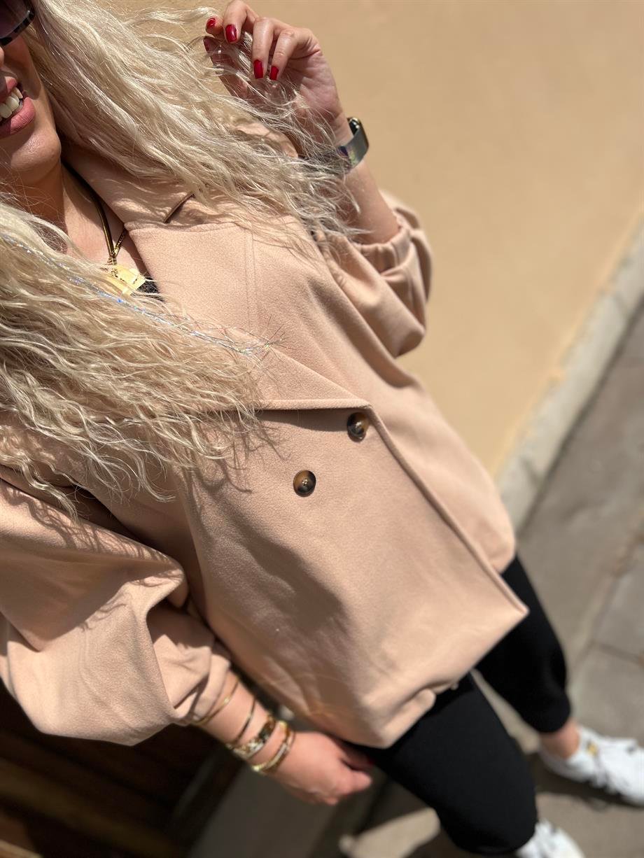 Bej Balon Kol Kısa Kaban