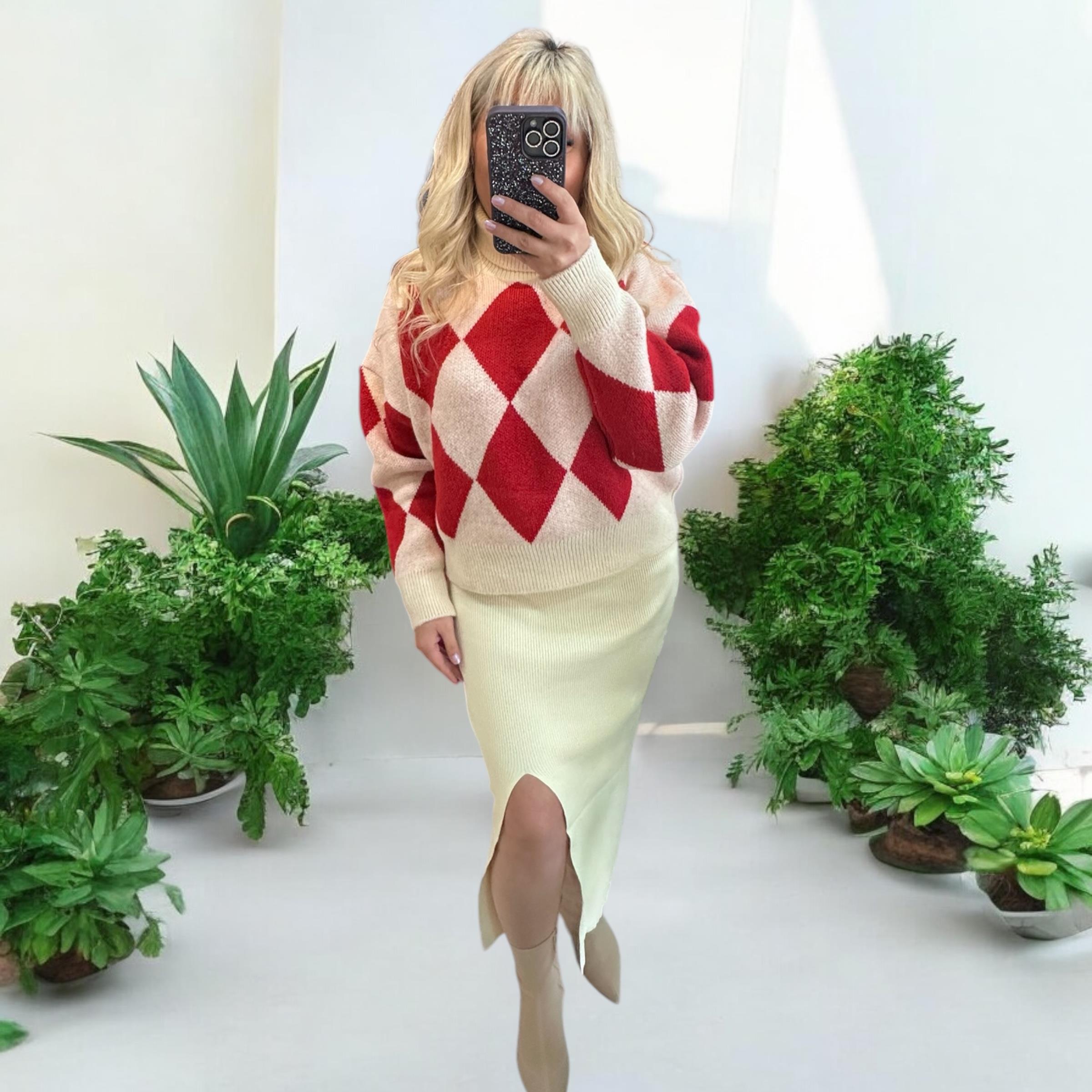 Boğazlı Kırmızı Ekru Balava Desen Premium Kazak