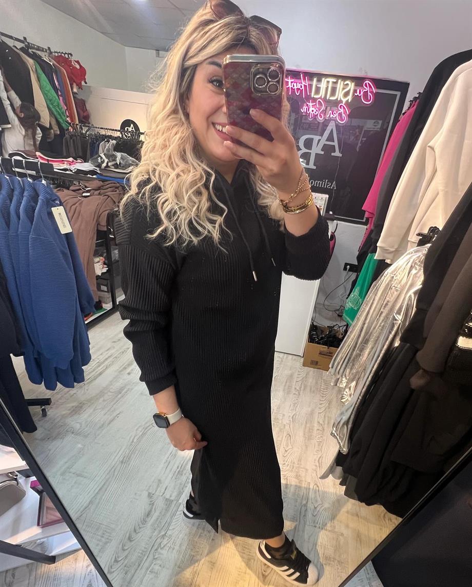 Fitilli Kumaş Siyah Sweat Elbise