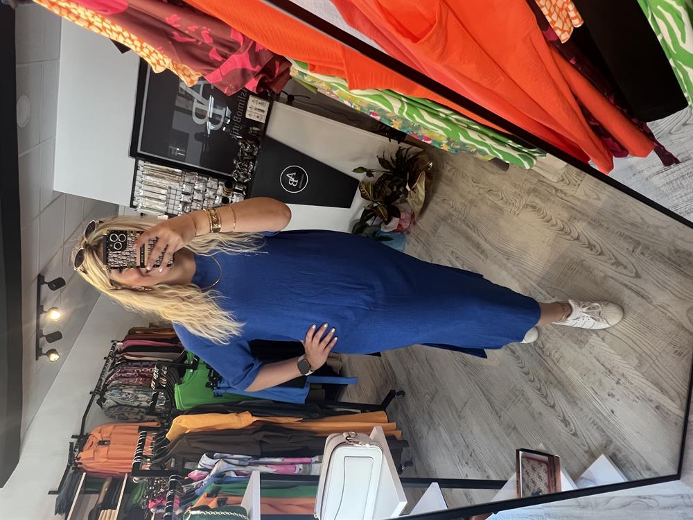 goffre kumaş mavi elbise