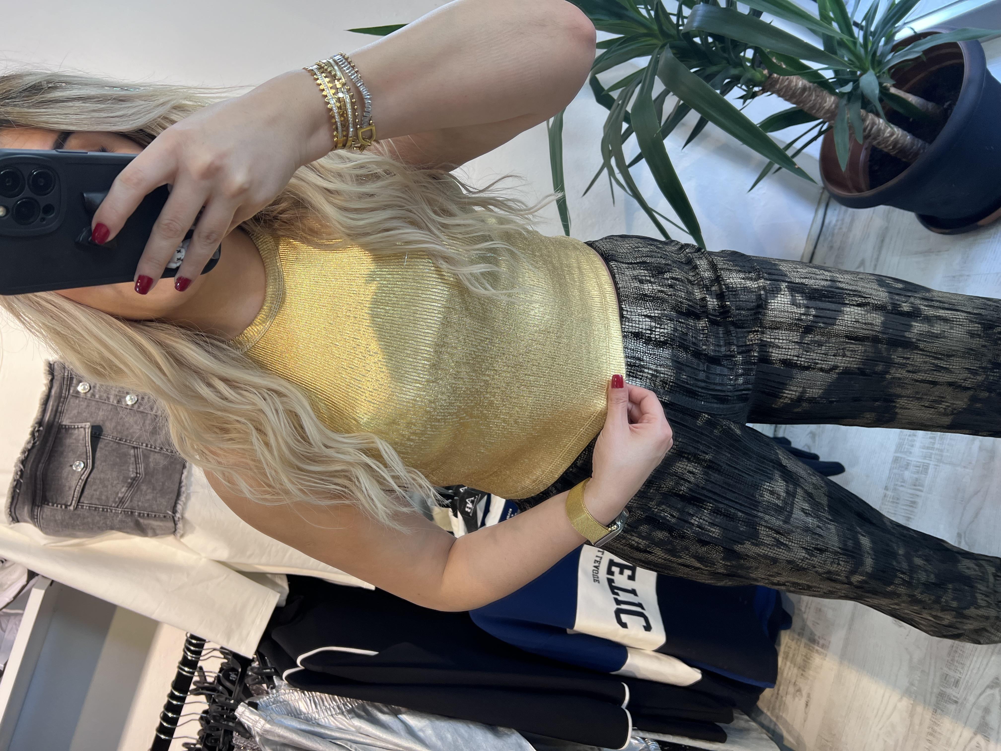 Gold Varaklı Halter Yaka Bluz