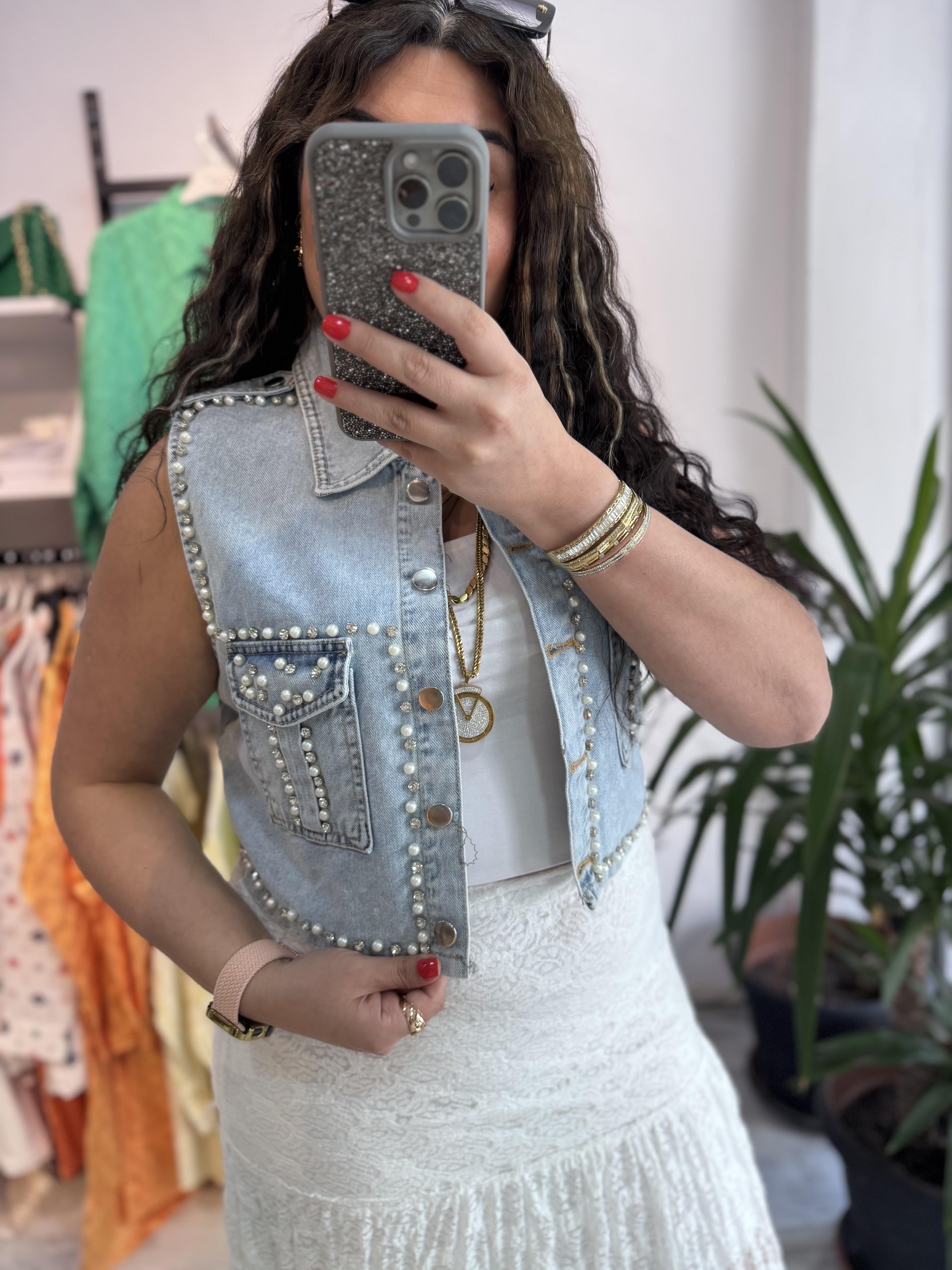 İnci Taş Detaylı Jean Yelek