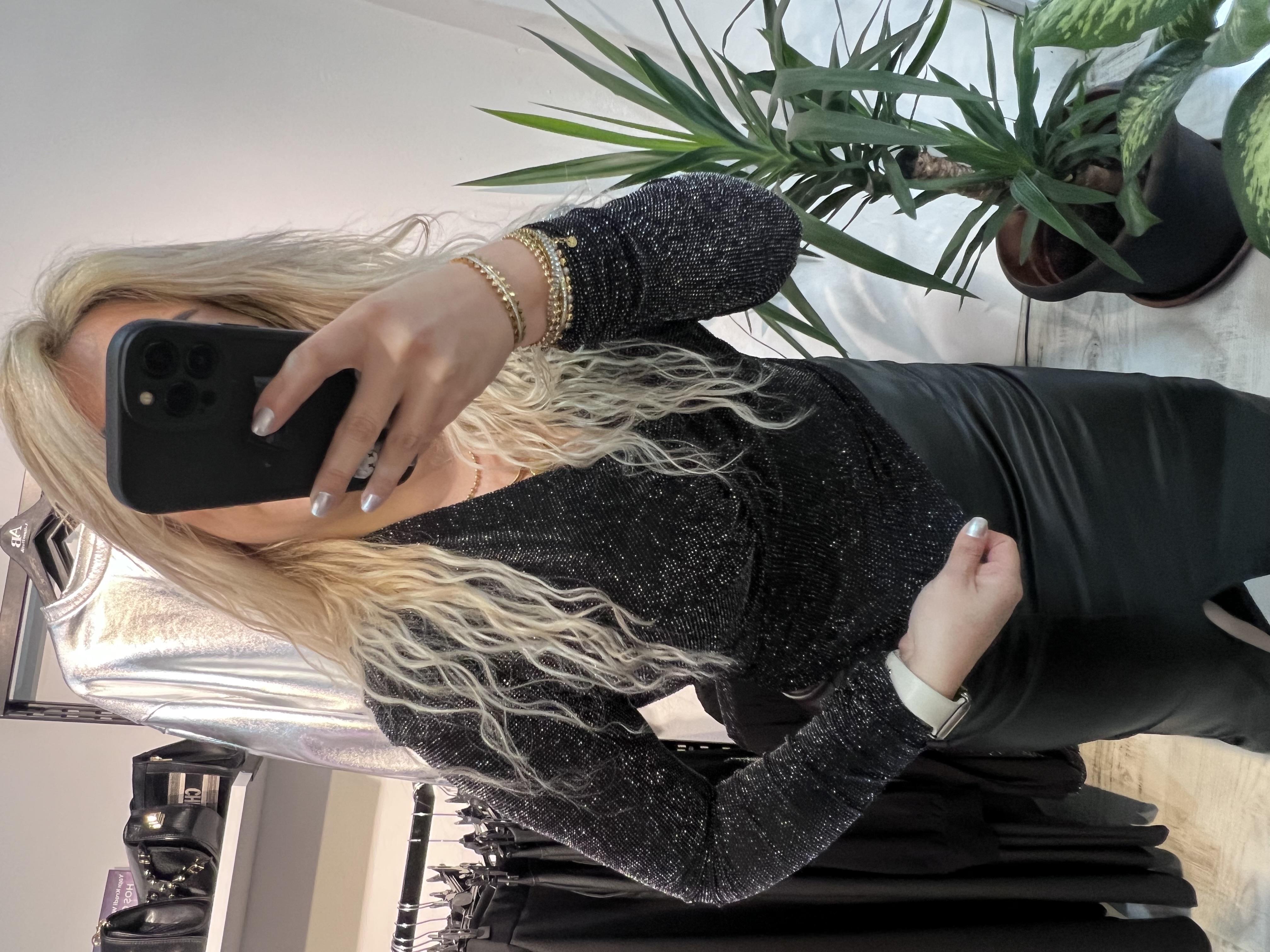Işıltılı Vatkalı Likralı Bluz Siyah