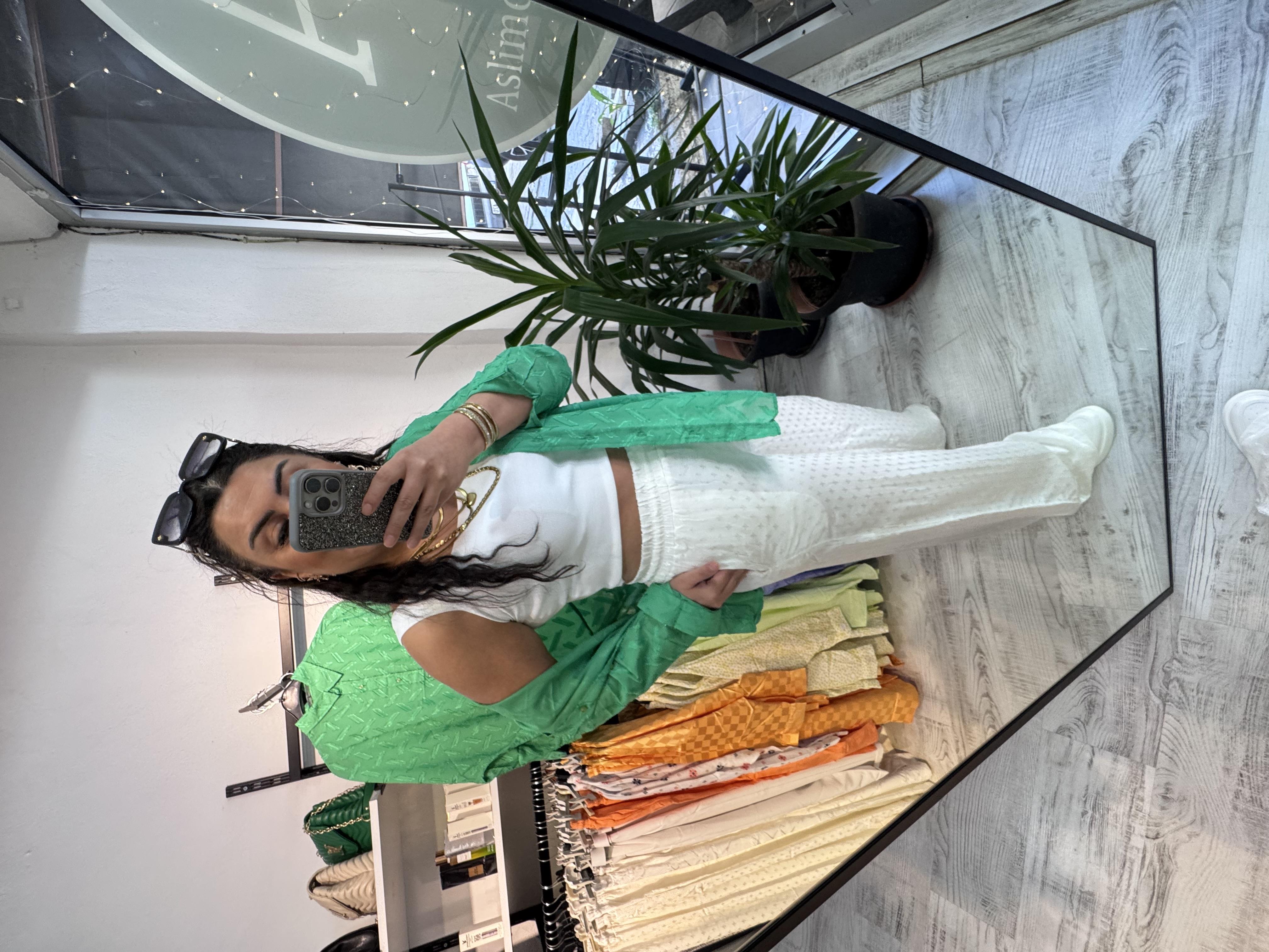 Jakarlı Mini Desenli Premium Seri Beyaz Palazzo Pantolon