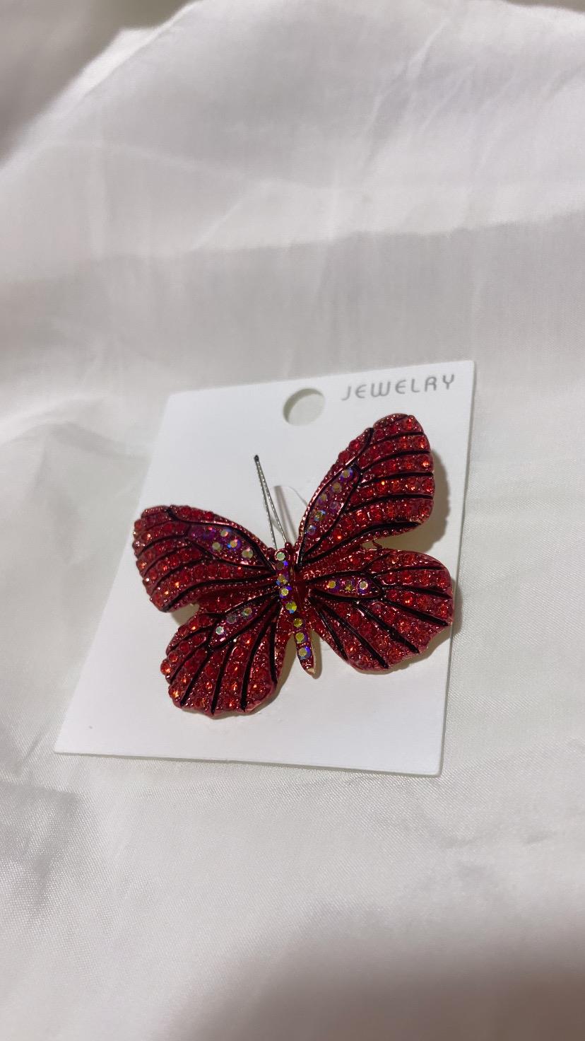 Kelebek Kırmız Taşlı Çelik Broş