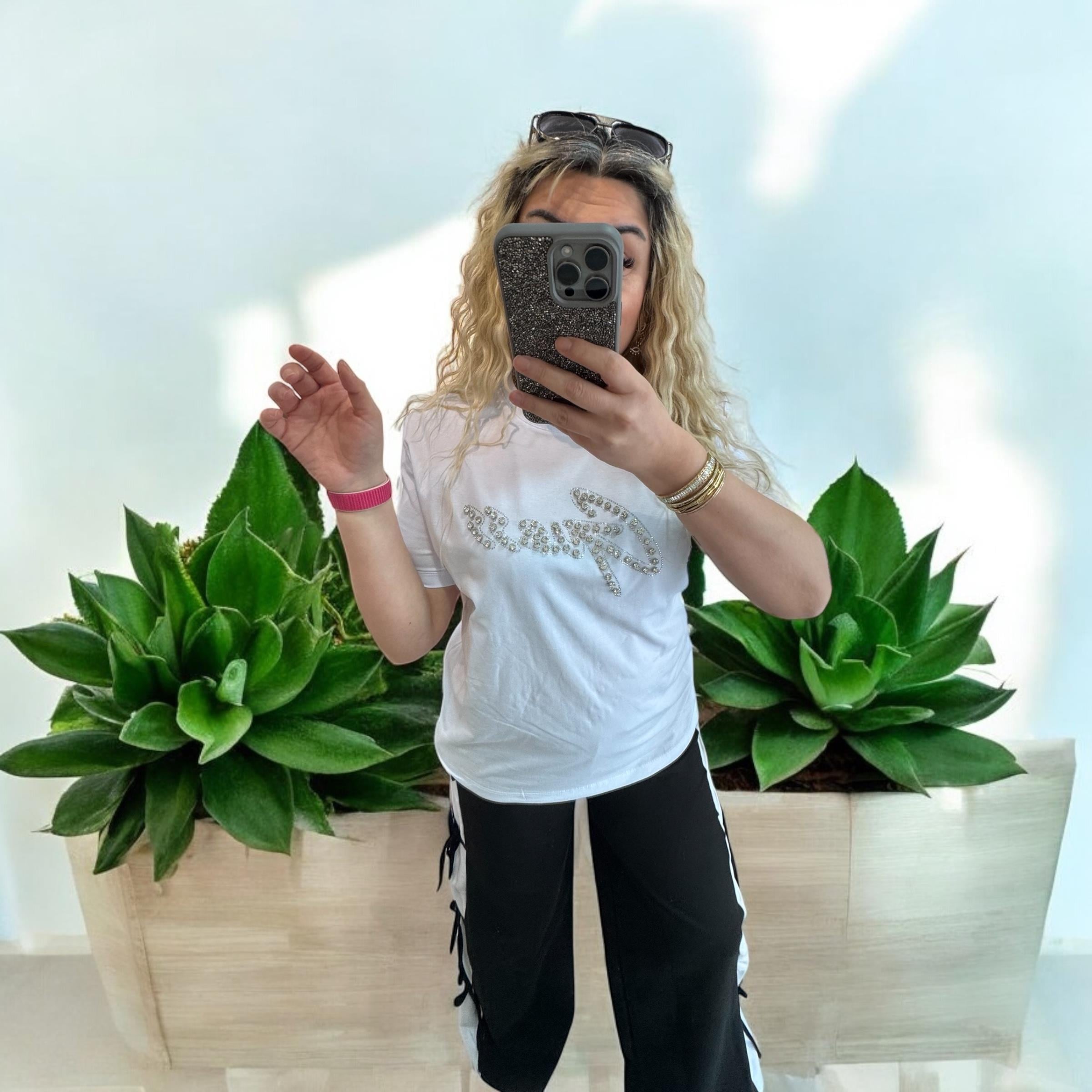 Marka Model Çakma Taşlı Tshirt Beyaz