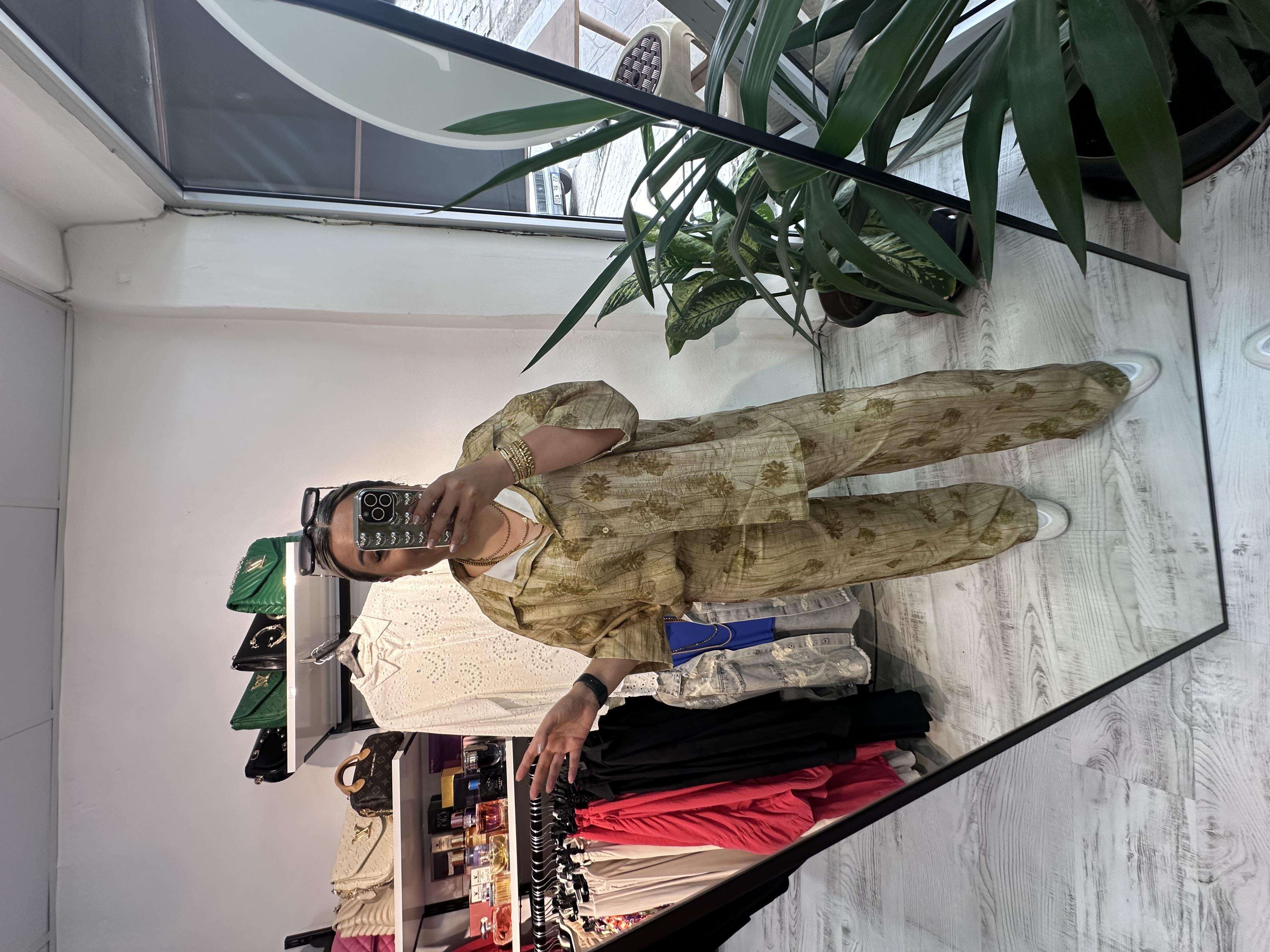 Marka Model Yeşil Desenli Palazzo Gömlek Takım