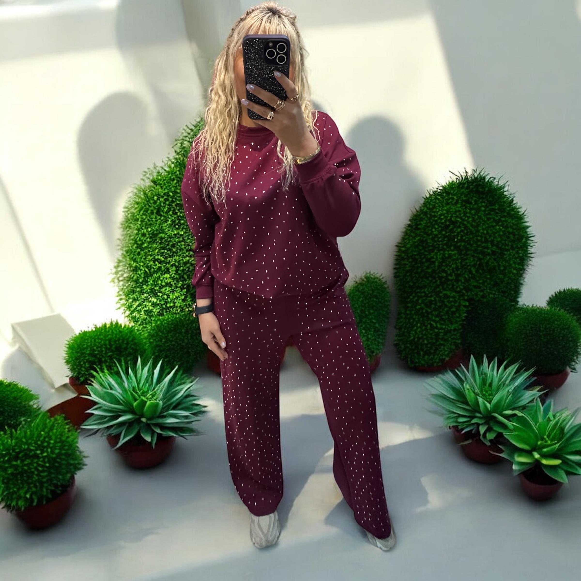 Modal Kumaş Bordo Taşlı Takım