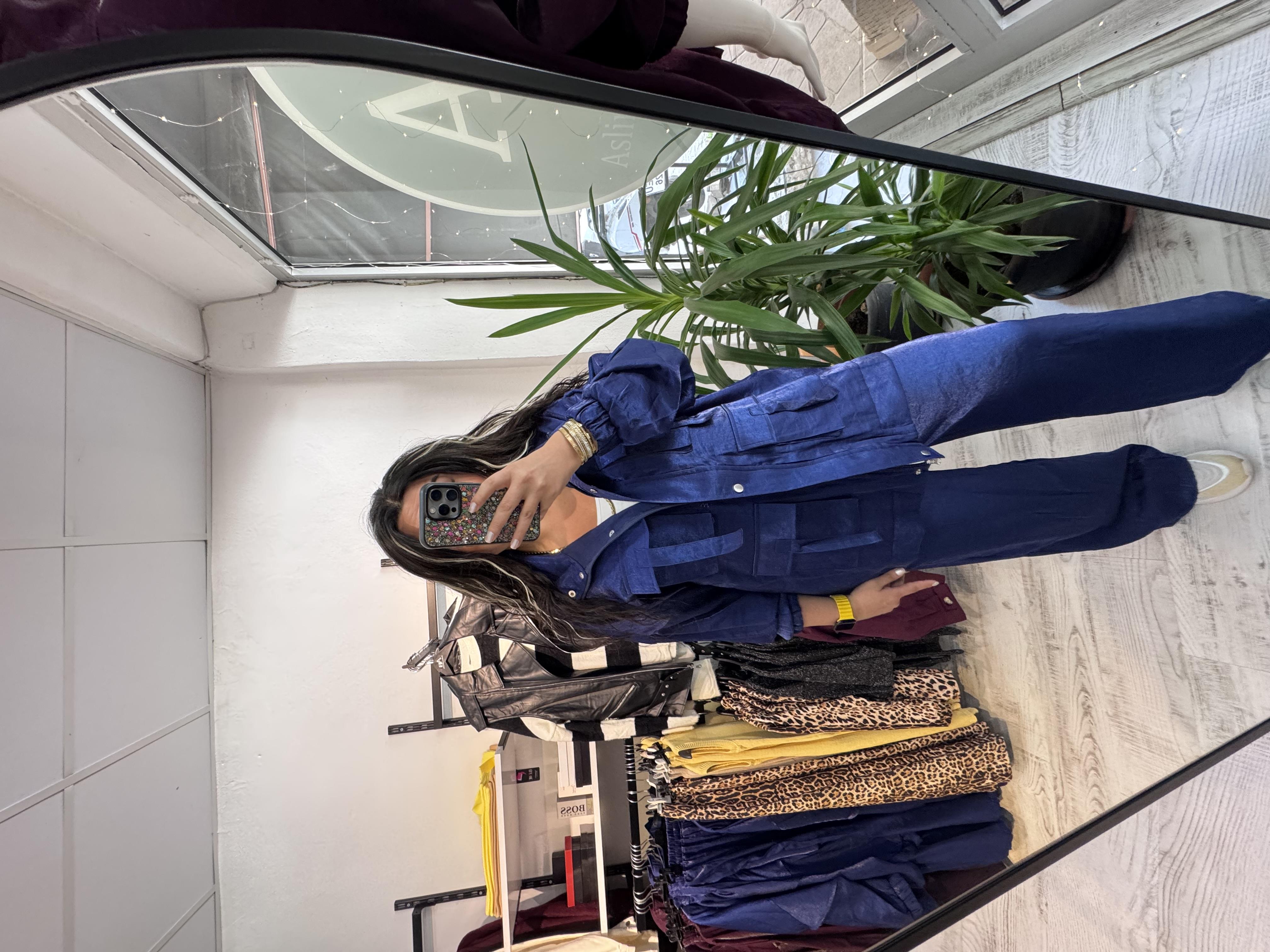 Saks Mavisi Safari Parlak Ceket Takım