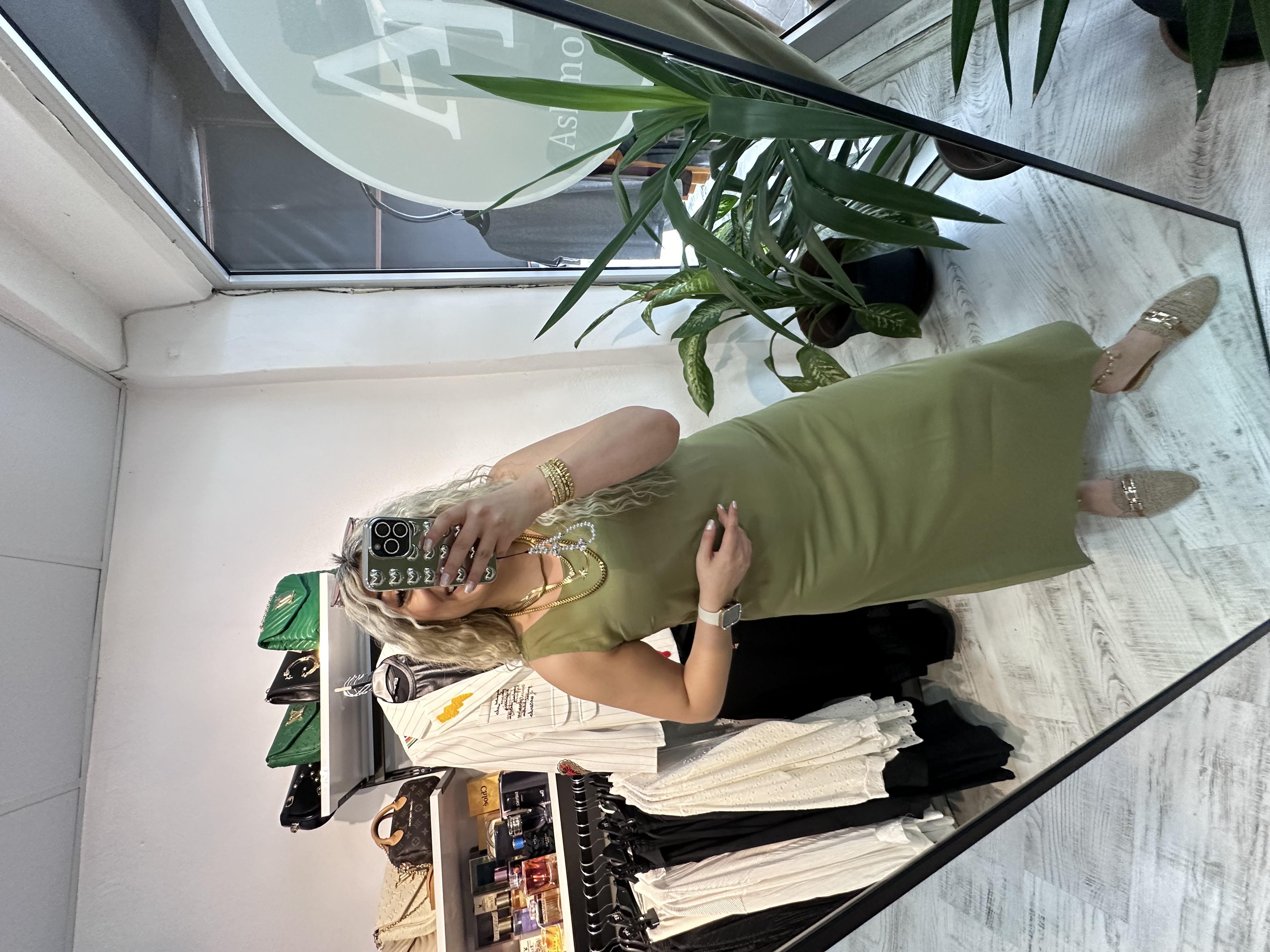 Tensel Kumaş  Sıfır Kol Haki Yeşil Elbise