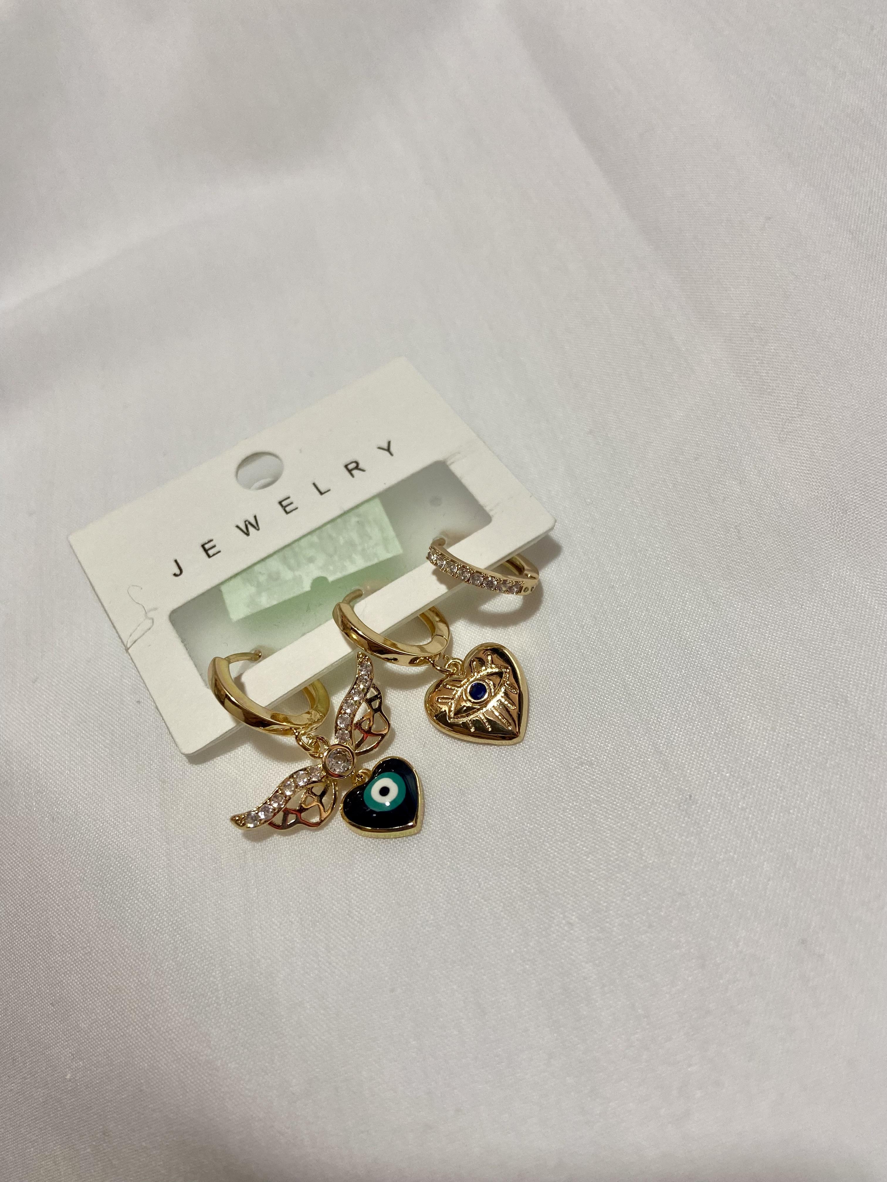 Üçlü Kanatlı Nazar Boncuk Çelik Gold Küpe