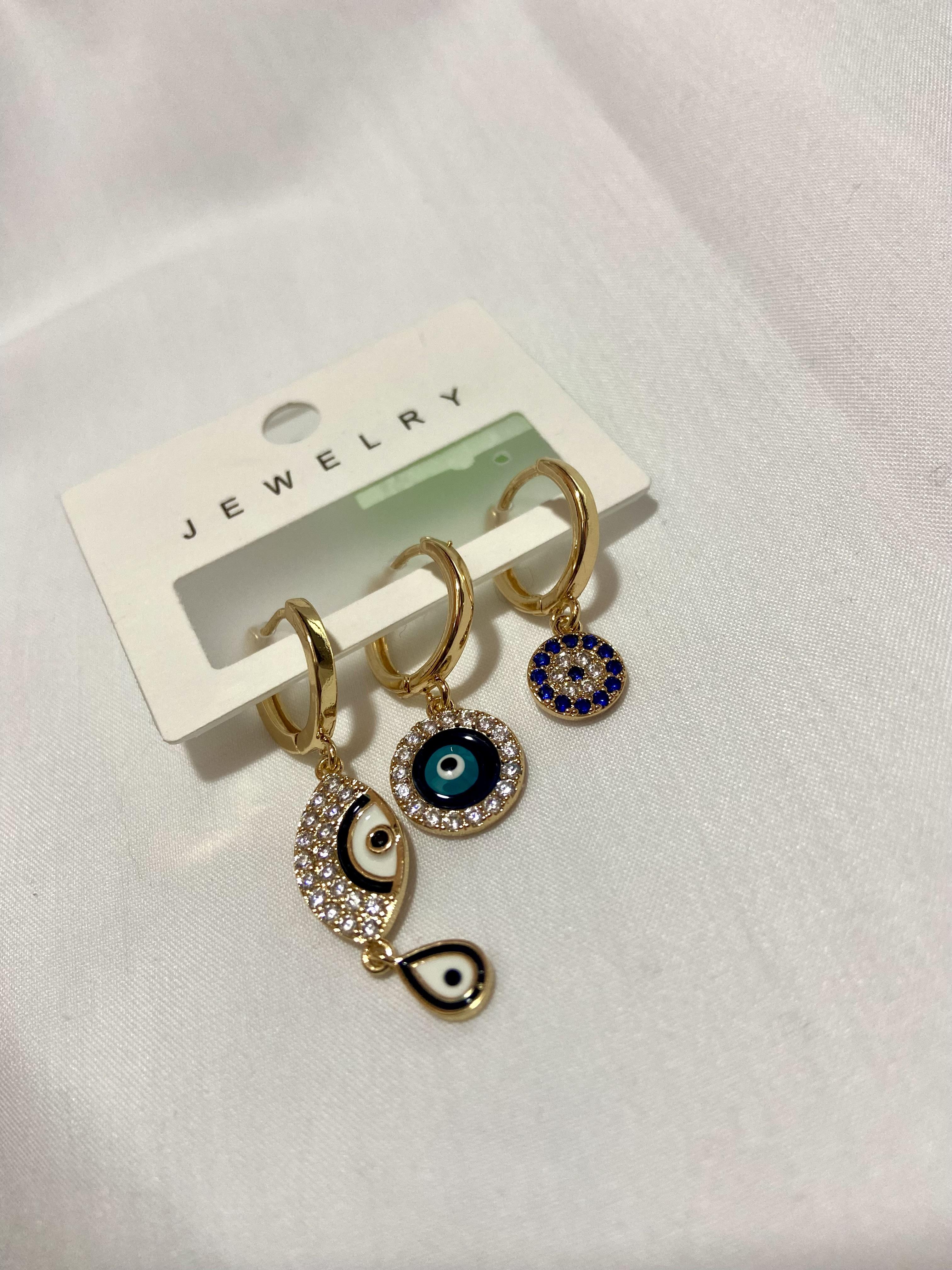 Üçlü Nazar Boncuklu Sallantılı Çelik Gold Küpe