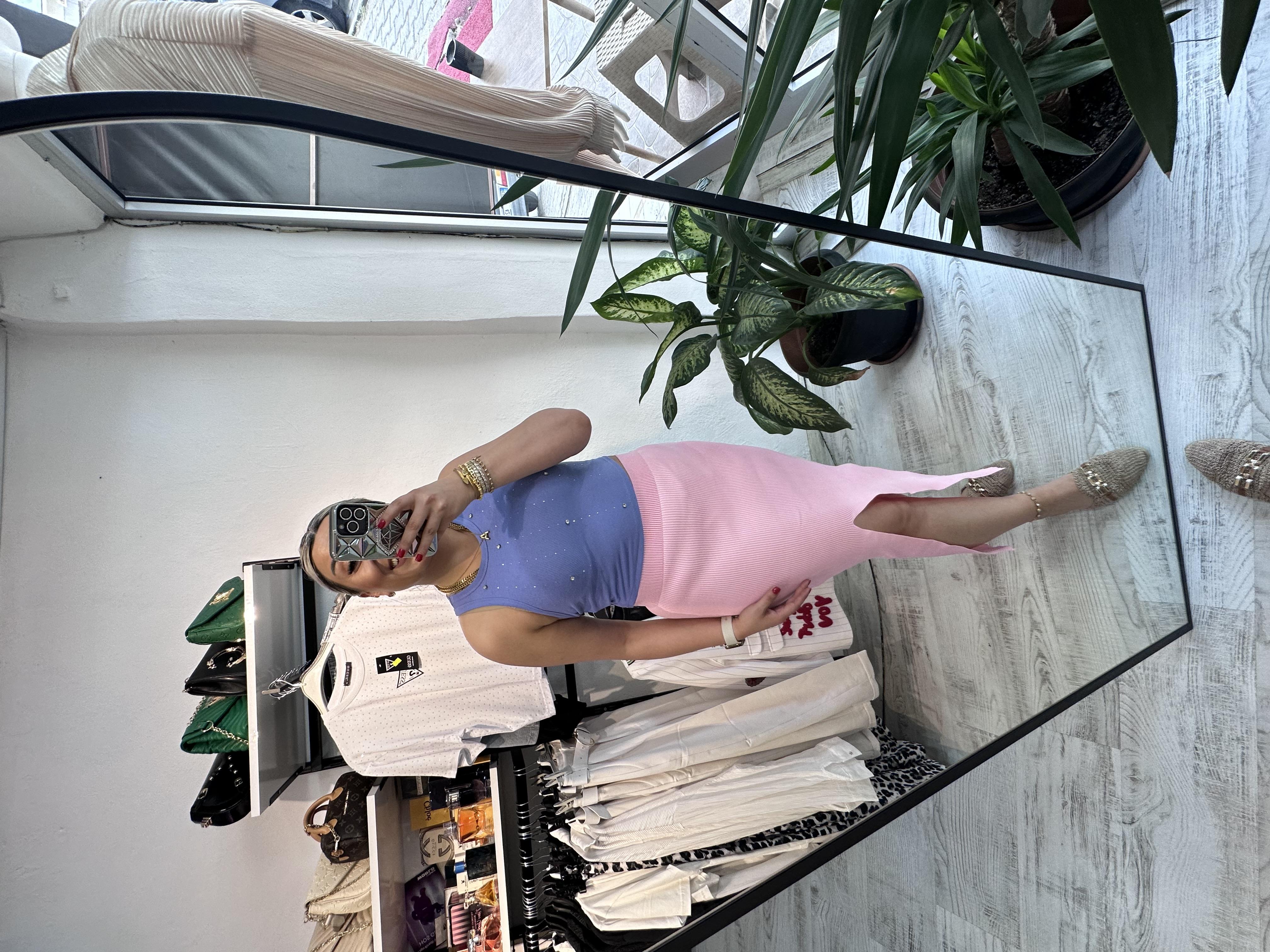 Yırtmaçlı Pembe Merserize Etek