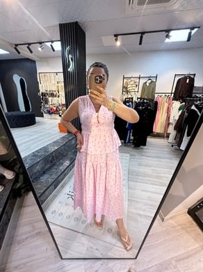 Pembe Çiçek Desenli Etekli Takım