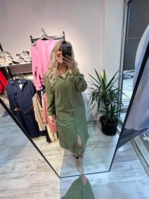 Ayrobin Keten Mrk Model Yeşil Elbise