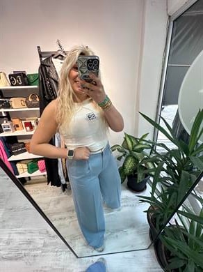 Beli Şeritli Viskon Kumaş Bebe Mavisi Palazzo Pantolon
