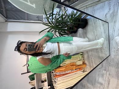 Jakarlı Mini Desenli Premium Seri Beyaz Palazzo Pantolon