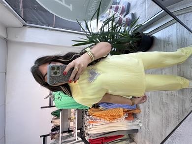 Taş Detaylı Premium Seri Modal Kumaş Sarı Takım