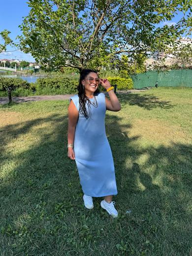 Vatkalı İthal Modal Kumaş Mavi Elbise