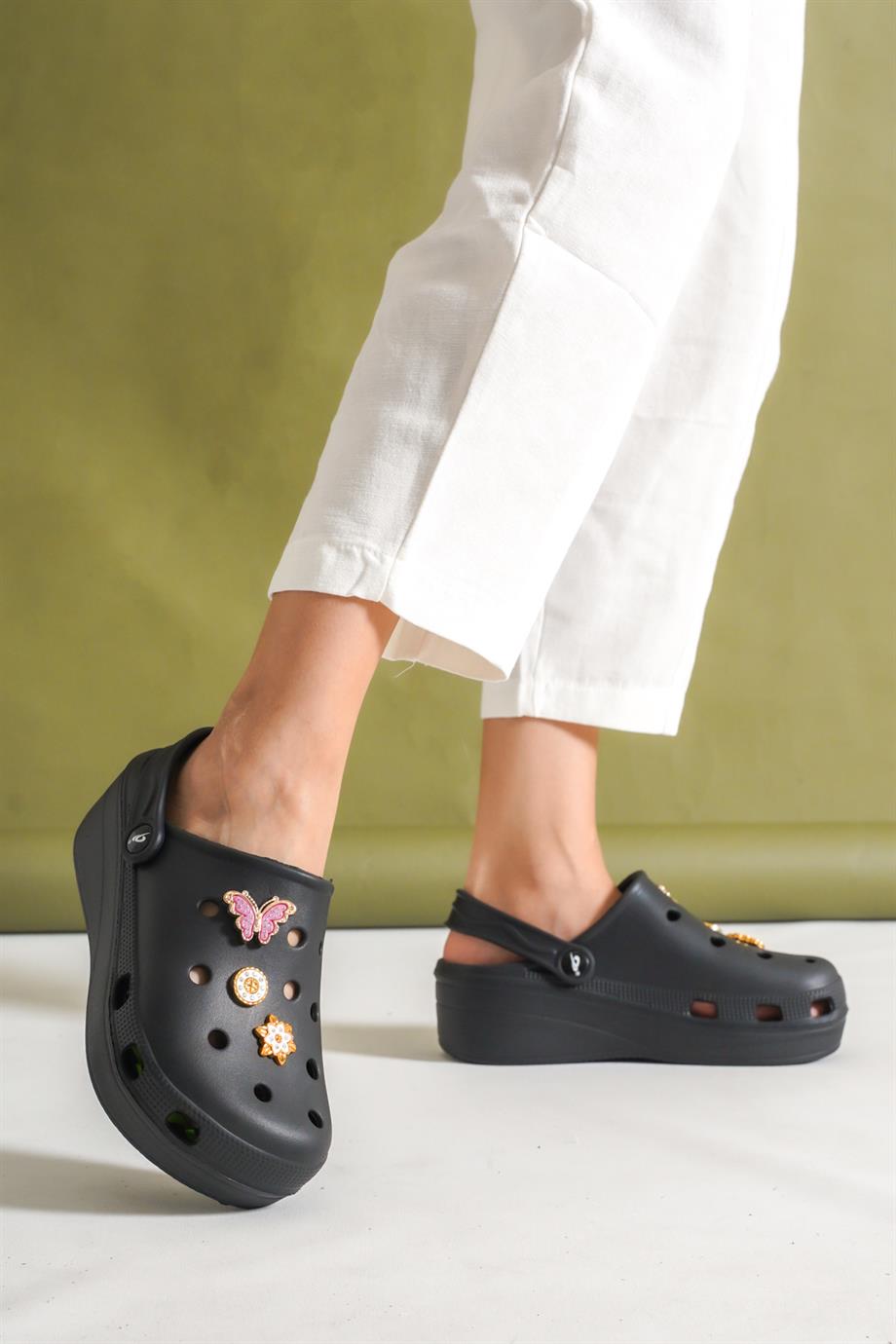 Allis Crocs Siyah Kadın Kalın Tabanlı Terlik