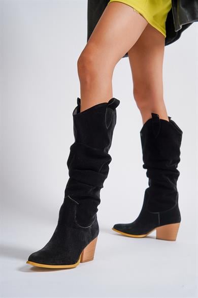 Chelsee Kadın Siyah Süet Çekme Kovboy Çizme