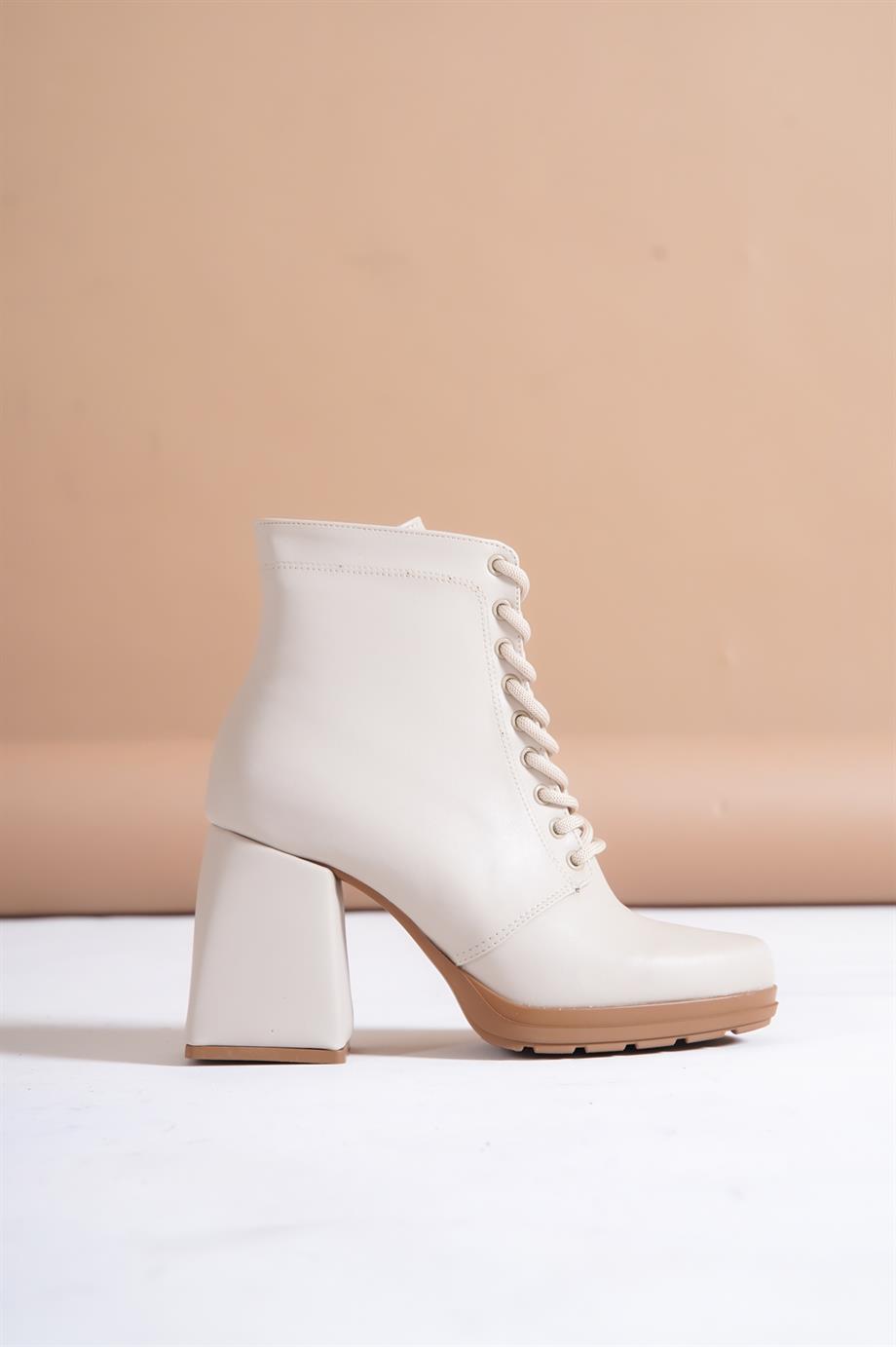 Arico Kadın Bej Cilt Bağcıklı Fermuarlı Bootie
