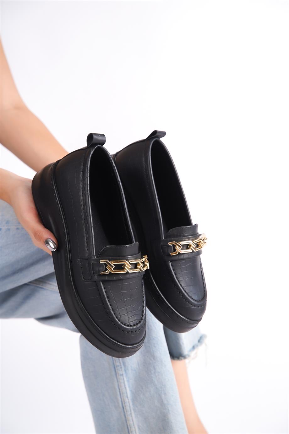 Army Siyah Cilt Kalın Tabanlı Tokalı Makosen Ayakkabı