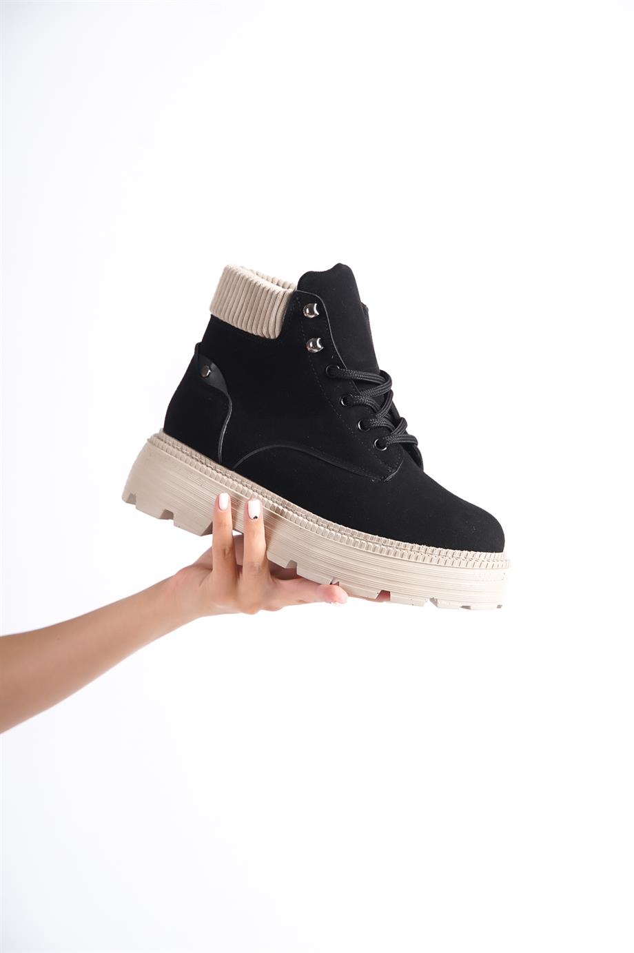 Cati Bağcıklı Kalın Tabanlı Kadın Bot Siyah